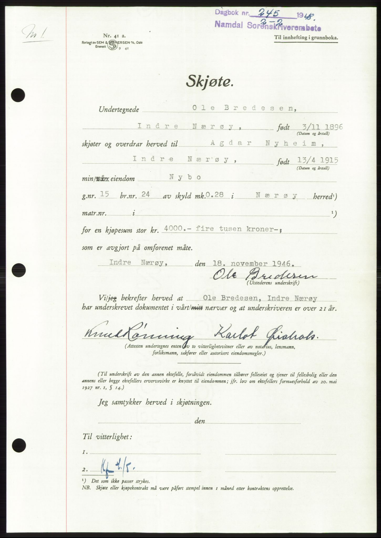 Namdal sorenskriveri, SAT/A-4133/1/2/2C: Pantebok nr. -, 1947-1948, Dagboknr: 245/1948