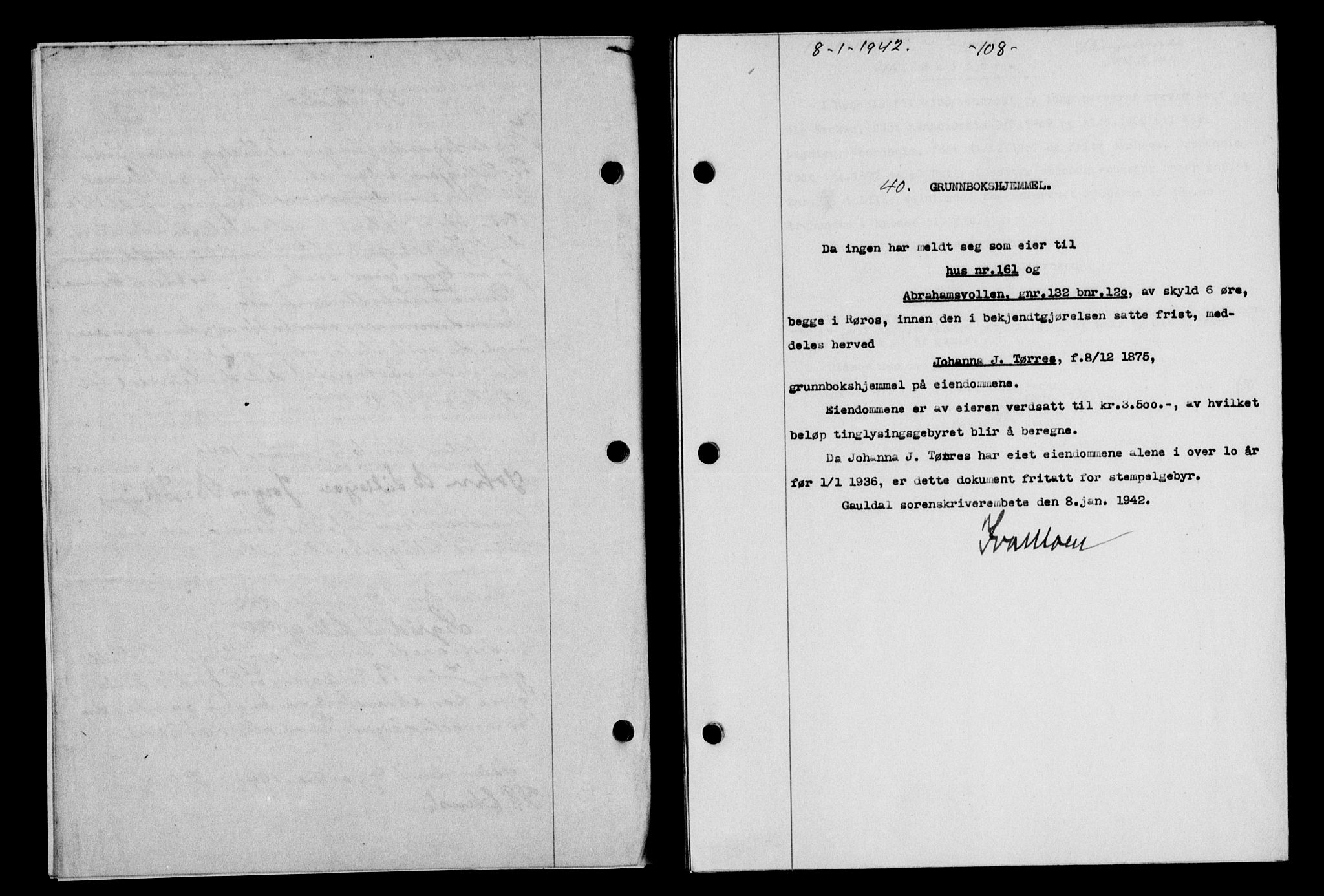 Gauldal sorenskriveri, SAT/A-0014/1/2/2C/L0054: Pantebok nr. 59, 1941-1942, Dagboknr: 40/1942