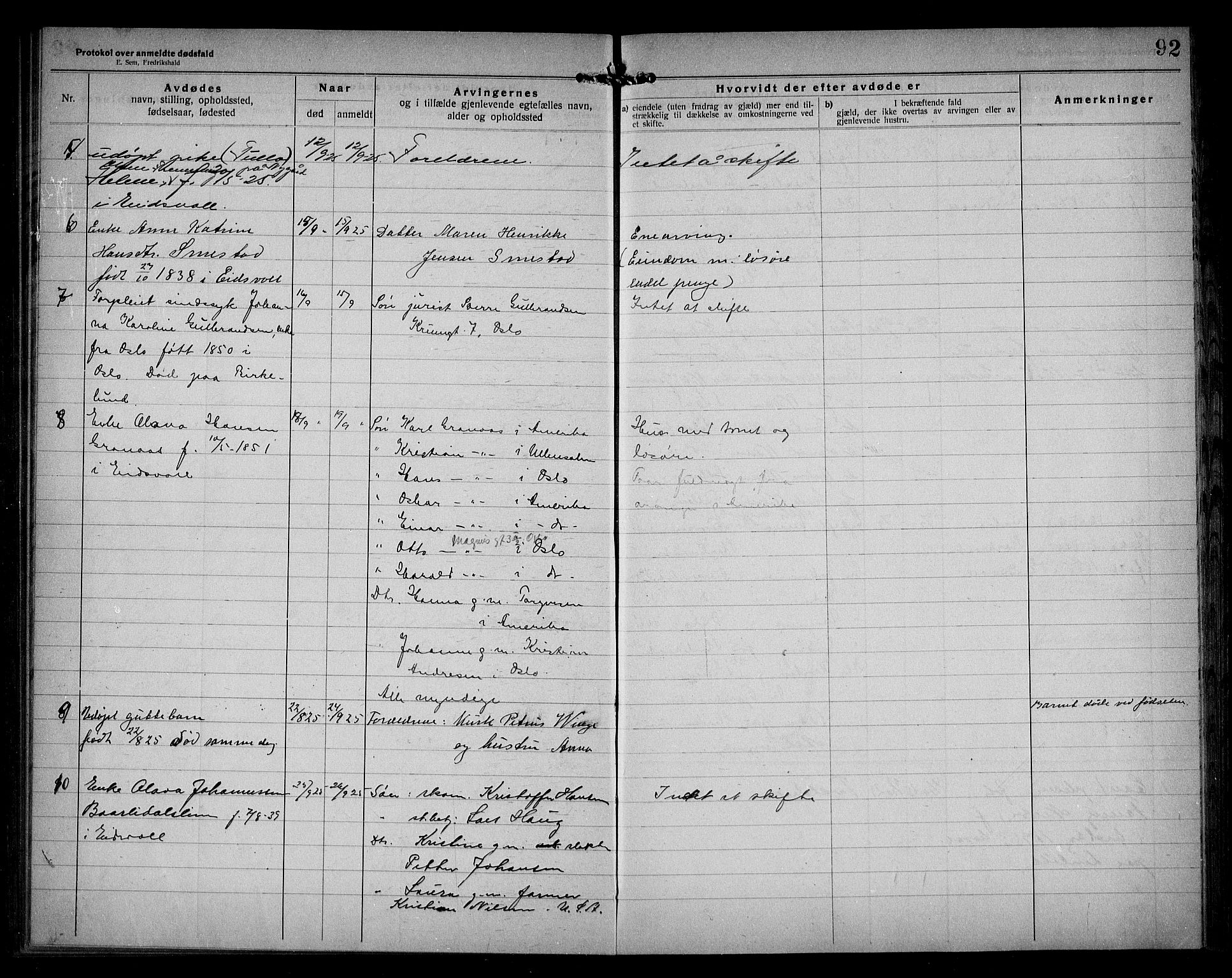 Eidsvoll lensmannskontor, AV/SAO-A-10266a/H/Ha/Haa/L0005: Dødsfallprotokoll, 1921-1930, s. 92