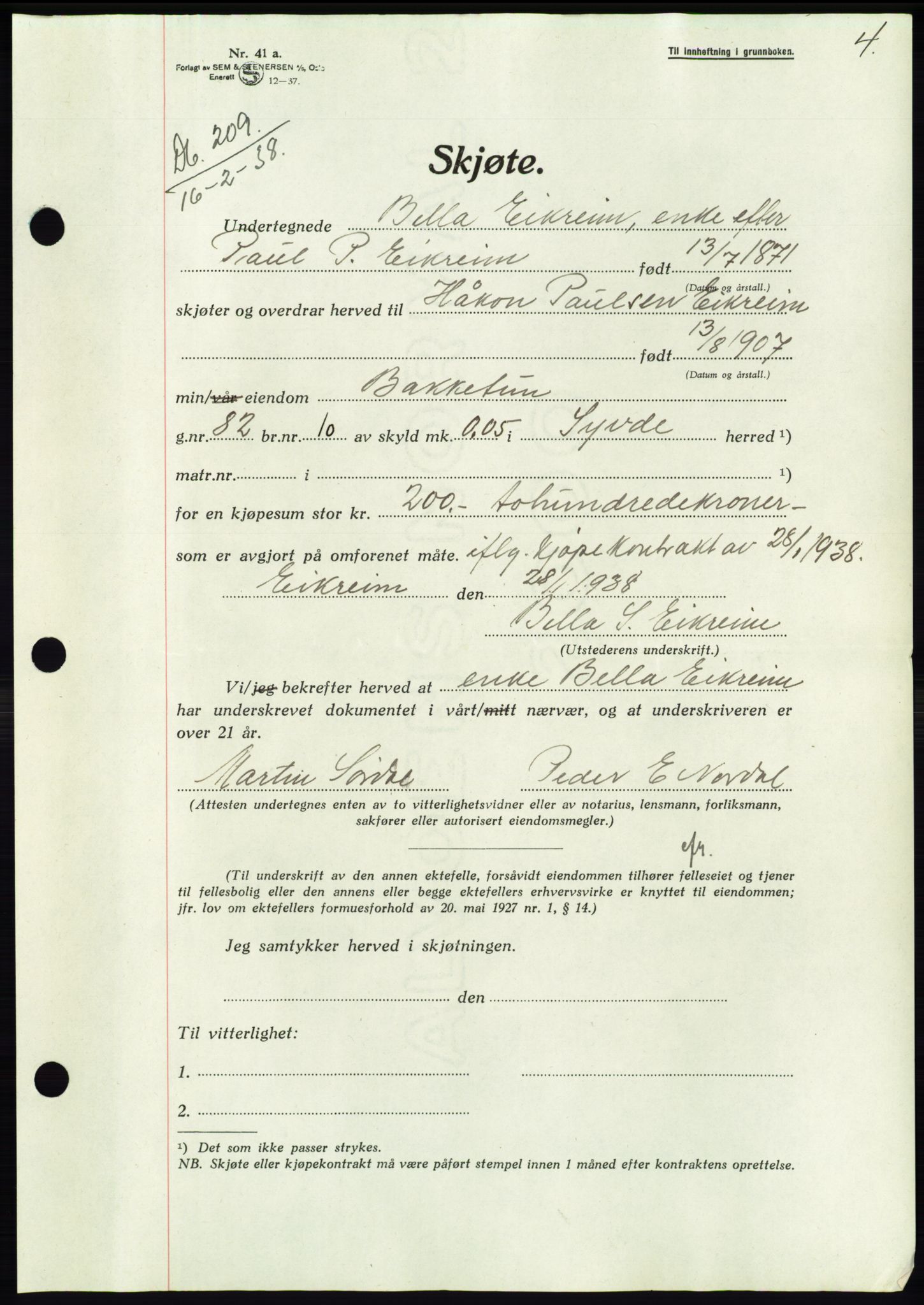 Søre Sunnmøre sorenskriveri, AV/SAT-A-4122/1/2/2C/L0065: Pantebok nr. 59, 1938-1938, Dagboknr: 209/1938