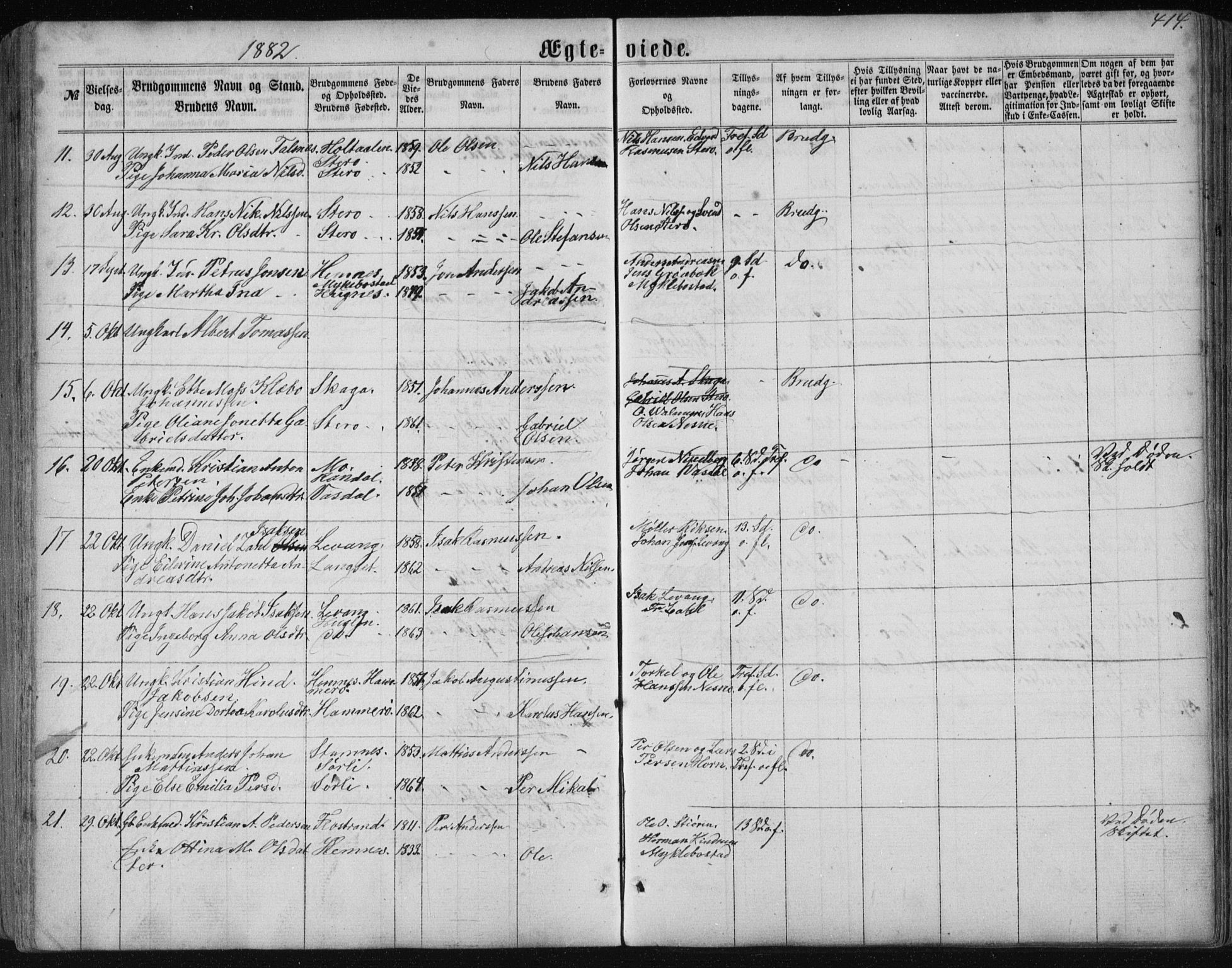 Ministerialprotokoller, klokkerbøker og fødselsregistre - Nordland, AV/SAT-A-1459/838/L0556: Klokkerbok nr. 838C03, 1861-1893, s. 414