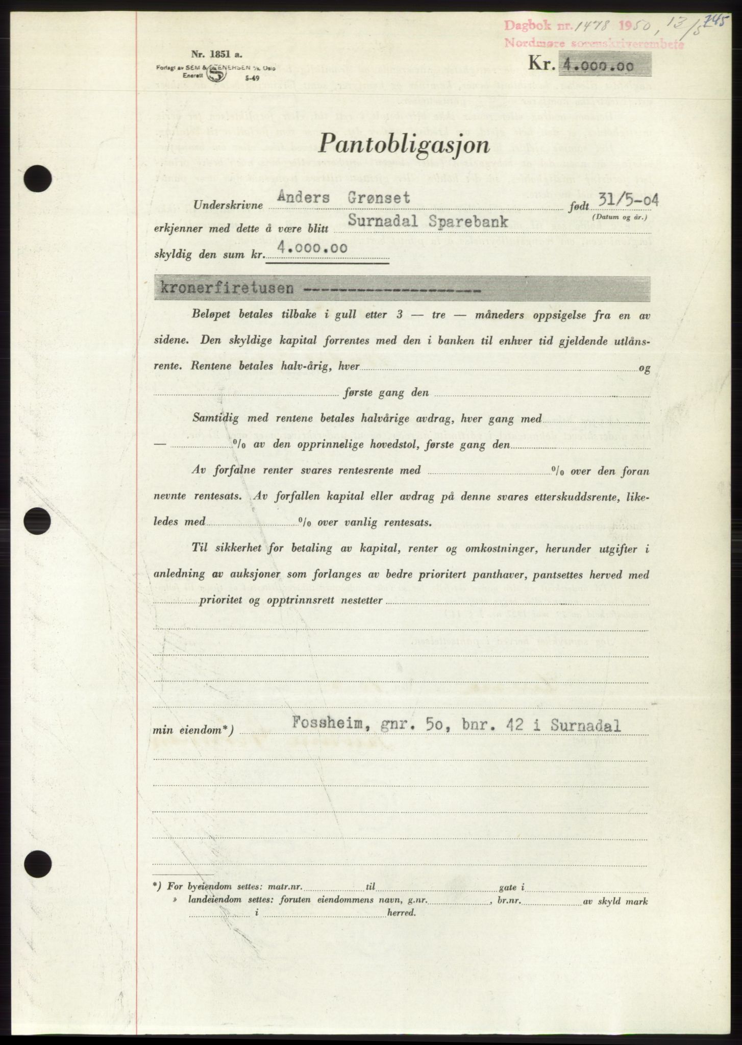 Nordmøre sorenskriveri, AV/SAT-A-4132/1/2/2Ca: Pantebok nr. B104, 1950-1950, Dagboknr: 1478/1950