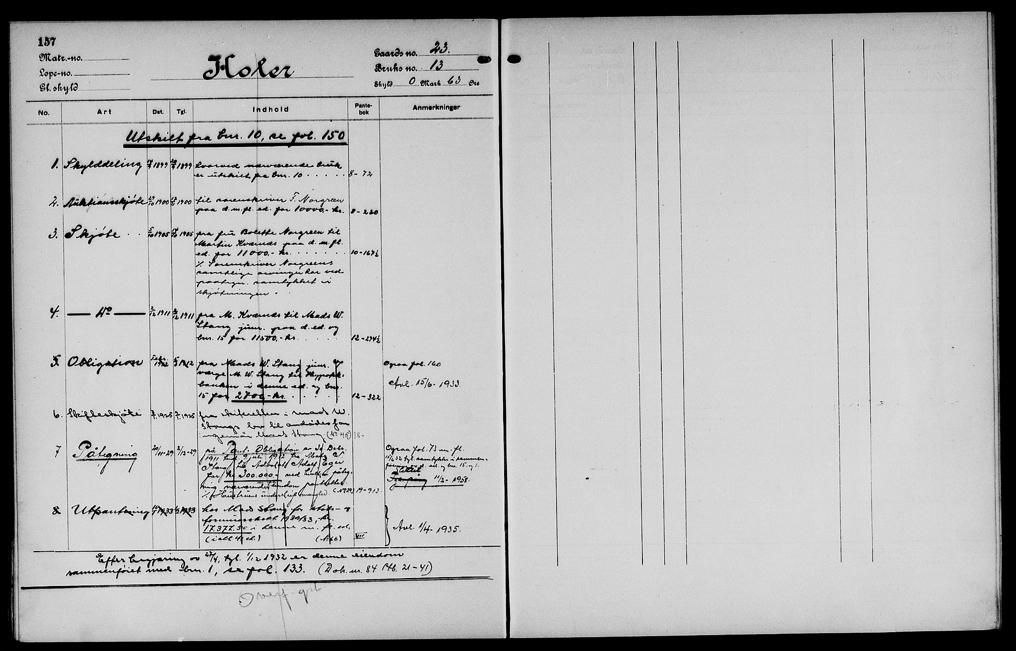 Vinger og Odal sorenskriveri, SAH/TING-022/H/Ha/Hac/Hacc/L0004: Panteregister nr. 3.4, 1923, s. 157