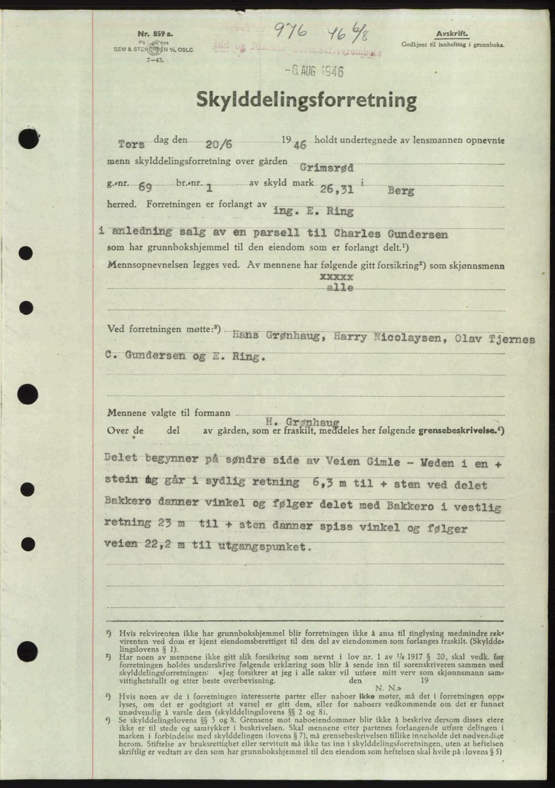 Idd og Marker sorenskriveri, AV/SAO-A-10283/G/Gb/Gbb/L0008: Pantebok nr. A8, 1946-1946, Dagboknr: 976/1946