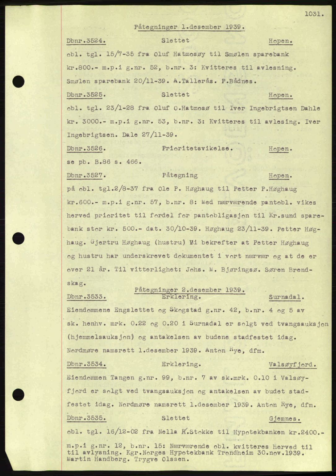 Nordmøre sorenskriveri, SAT/A-4132/1/2/2Ca: Pantebok nr. C80, 1936-1939, Dagboknr: 3524/1939