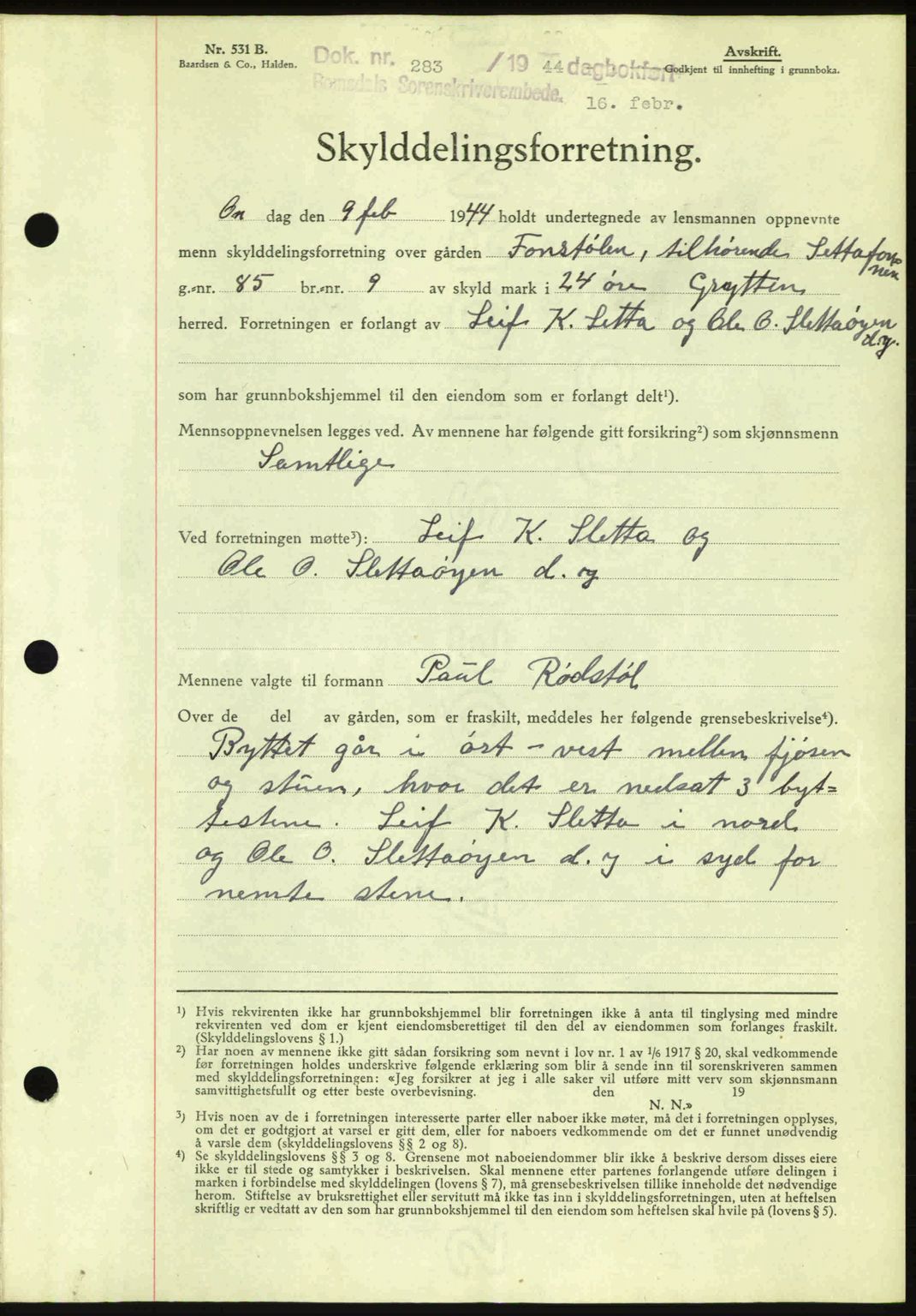 Romsdal sorenskriveri, AV/SAT-A-4149/1/2/2C: Pantebok nr. A15, 1943-1944, Dagboknr: 283/1944