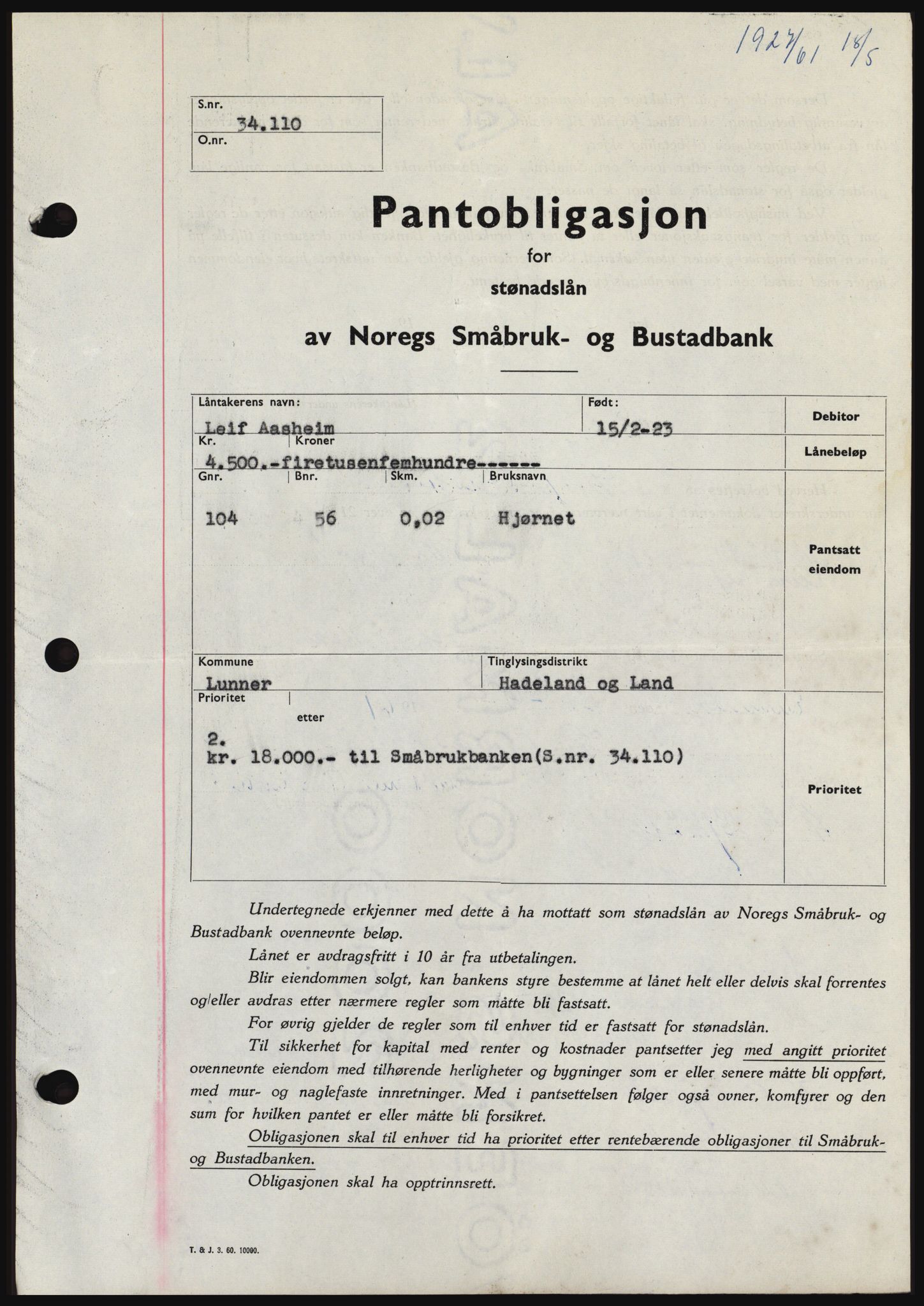 Hadeland og Land tingrett, SAH/TING-010/H/Hb/Hbc/L0045: Pantebok nr. B45, 1961-1961, Dagboknr: 1927/1961