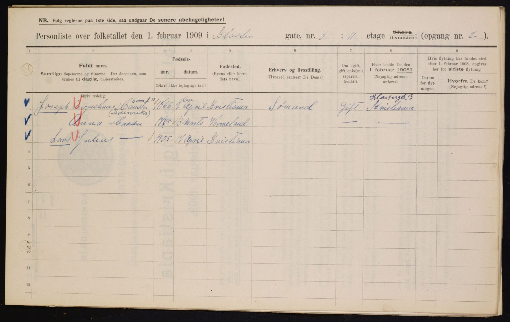 OBA, Kommunal folketelling 1.2.1909 for Kristiania kjøpstad, 1909, s. 47781