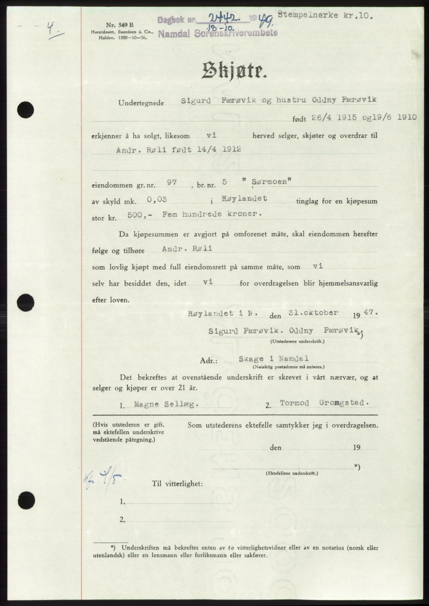 Namdal sorenskriveri, SAT/A-4133/1/2/2C: Pantebok nr. -, 1949-1949, Dagboknr: 2442/1949