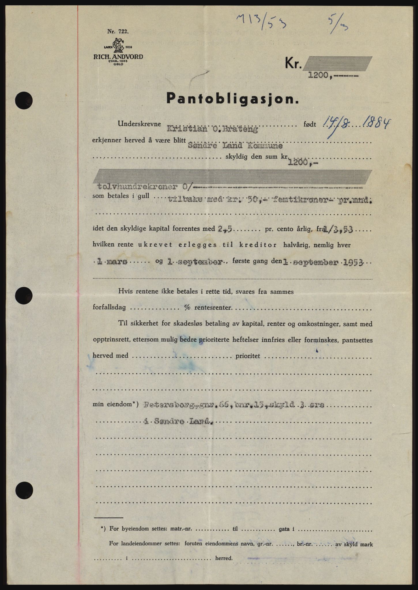 Hadeland og Land tingrett, SAH/TING-010/H/Hb/Hbc/L0026: Pantebok nr. B26, 1953-1953, Dagboknr: 713/1953