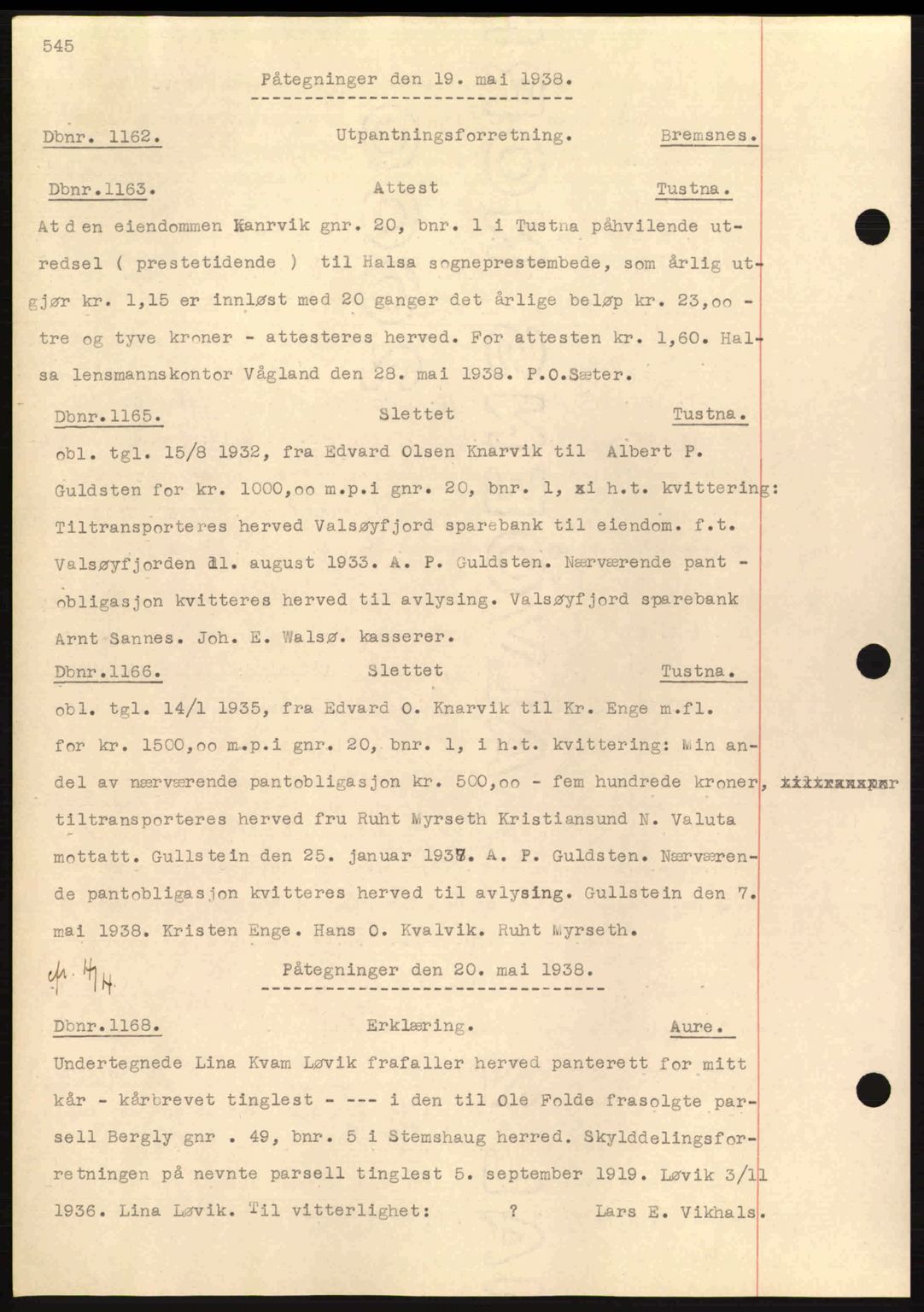 Nordmøre sorenskriveri, SAT/A-4132/1/2/2Ca: Pantebok nr. C80, 1936-1939, Dagboknr: 1162/1938