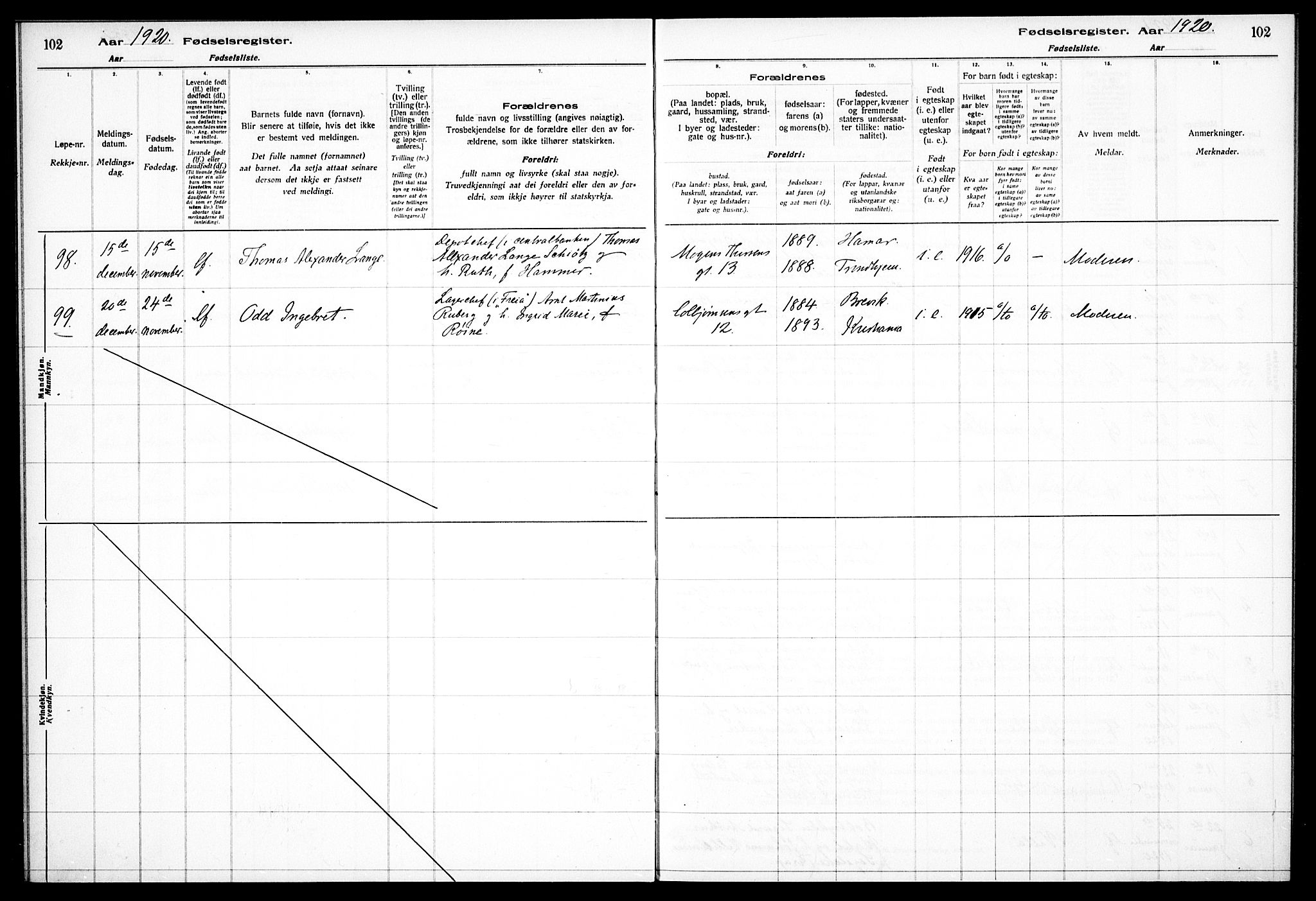 Frogner prestekontor Kirkebøker, SAO/A-10886/J/Ja/L0001: Fødselsregister nr. 1, 1916-1927, s. 102
