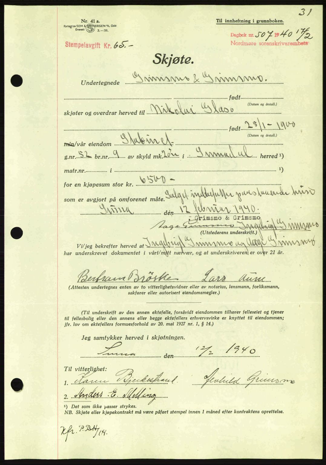 Nordmøre sorenskriveri, AV/SAT-A-4132/1/2/2Ca: Pantebok nr. A88, 1940-1940, Dagboknr: 507/1940