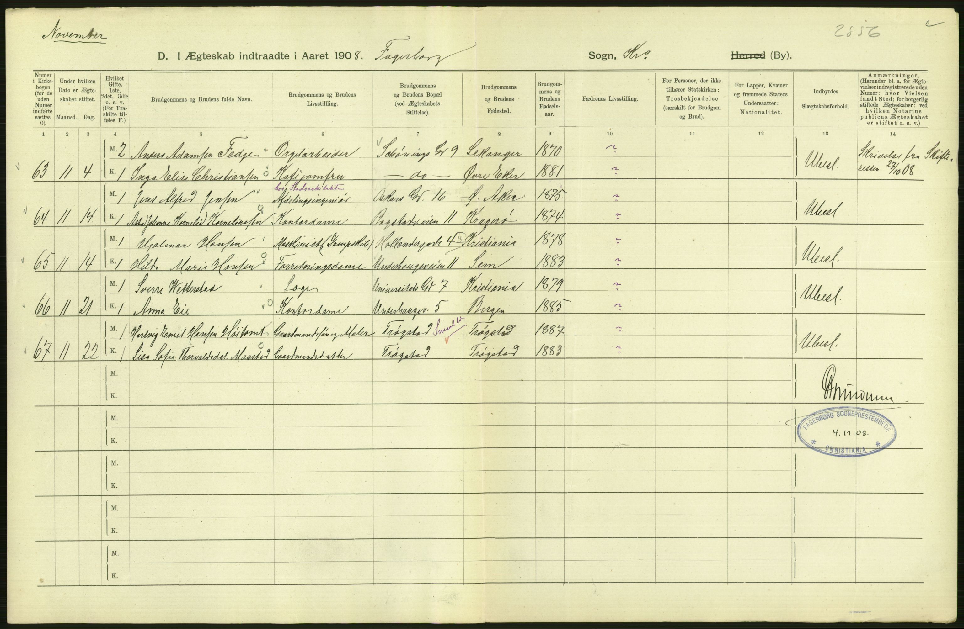 Statistisk sentralbyrå, Sosiodemografiske emner, Befolkning, AV/RA-S-2228/D/Df/Dfa/Dfaf/L0007: Kristiania: Gifte, 1908, s. 394