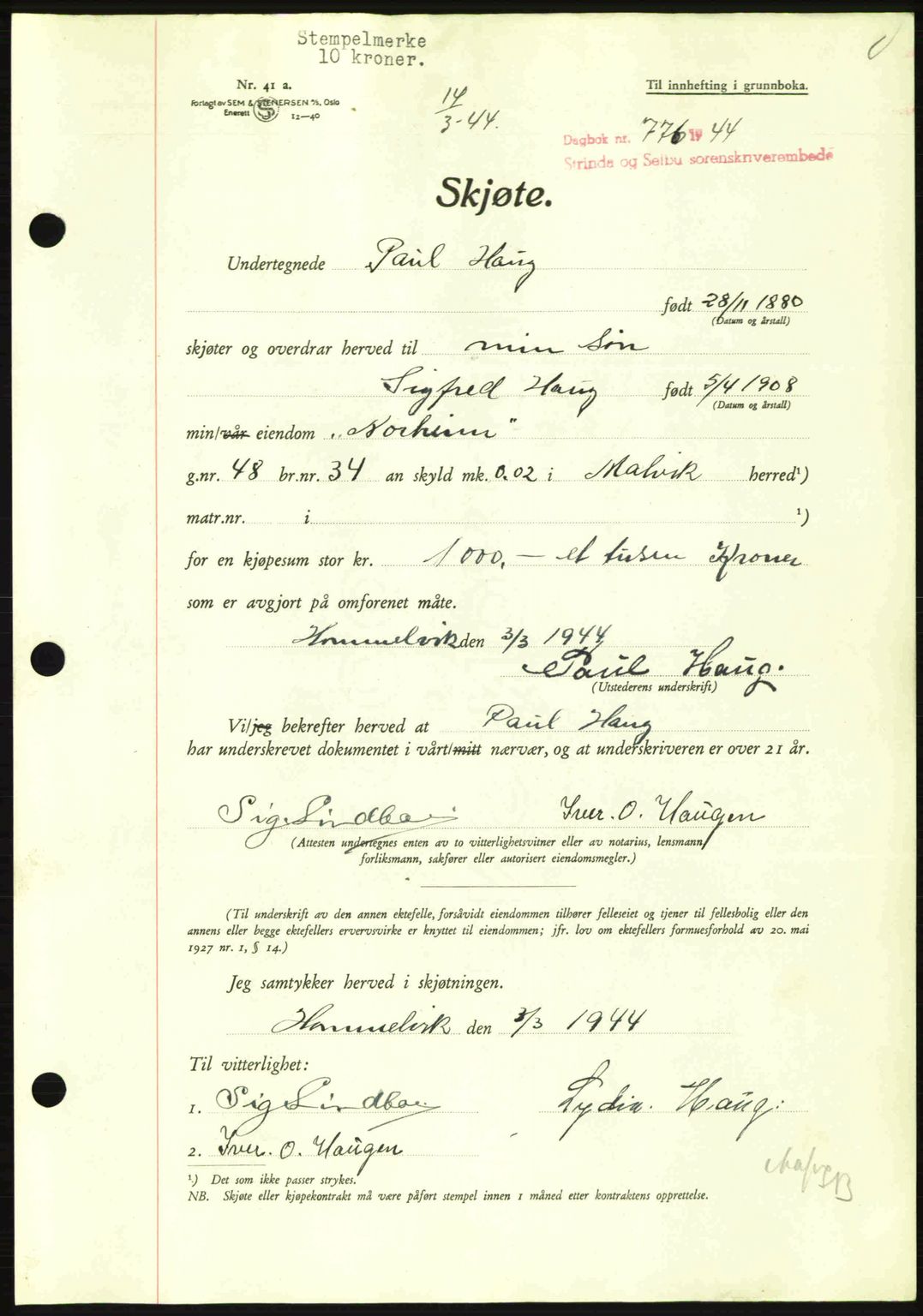 Strinda og Selbu sorenskriveri, SAT/A-0015/2/2C: Pantebok nr. A9, 1944-1945, Dagboknr: 776/1944