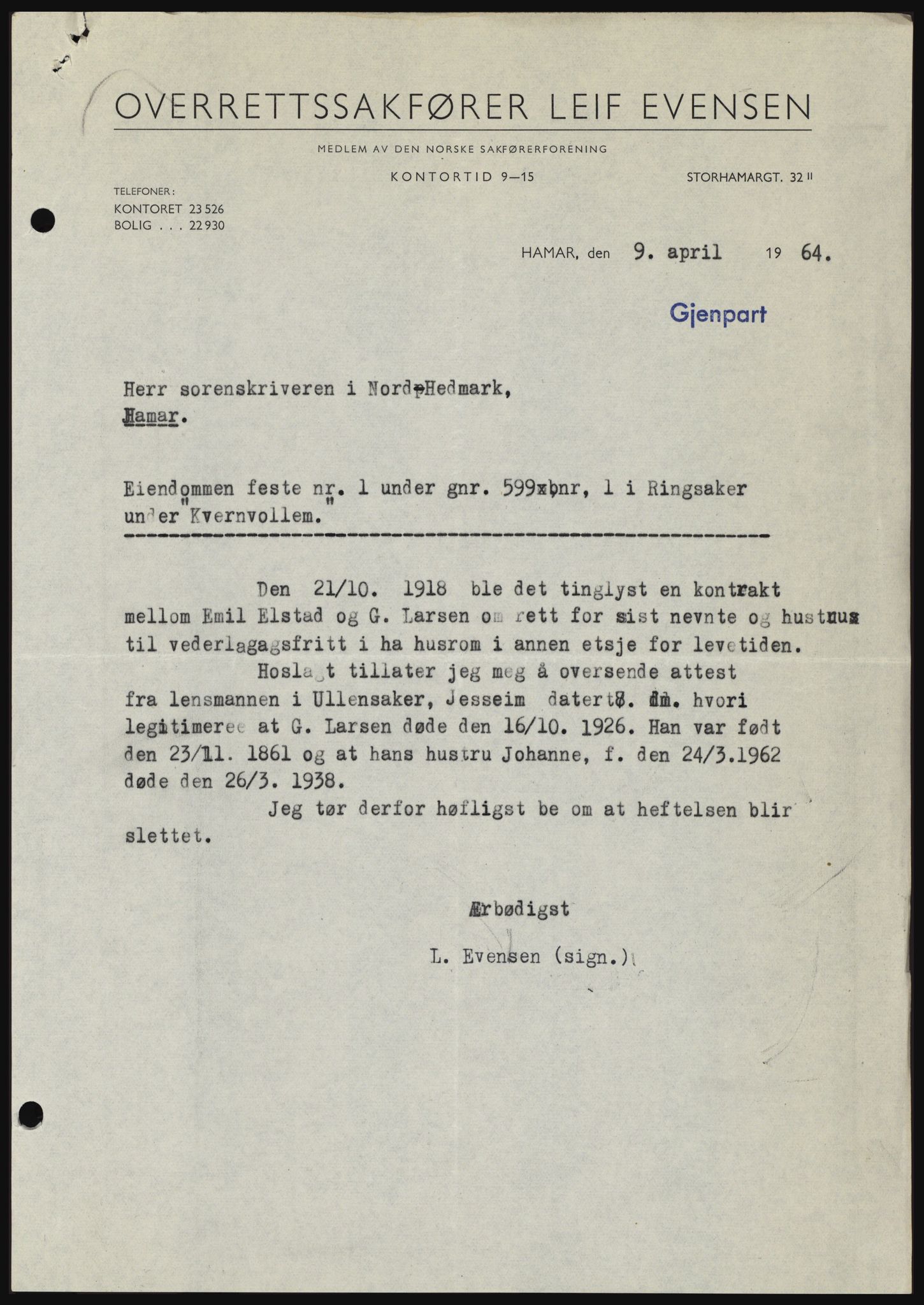 Nord-Hedmark sorenskriveri, SAH/TING-012/H/Hc/L0019: Pantebok nr. 19, 1963-1964, Dagboknr: 1615/1964