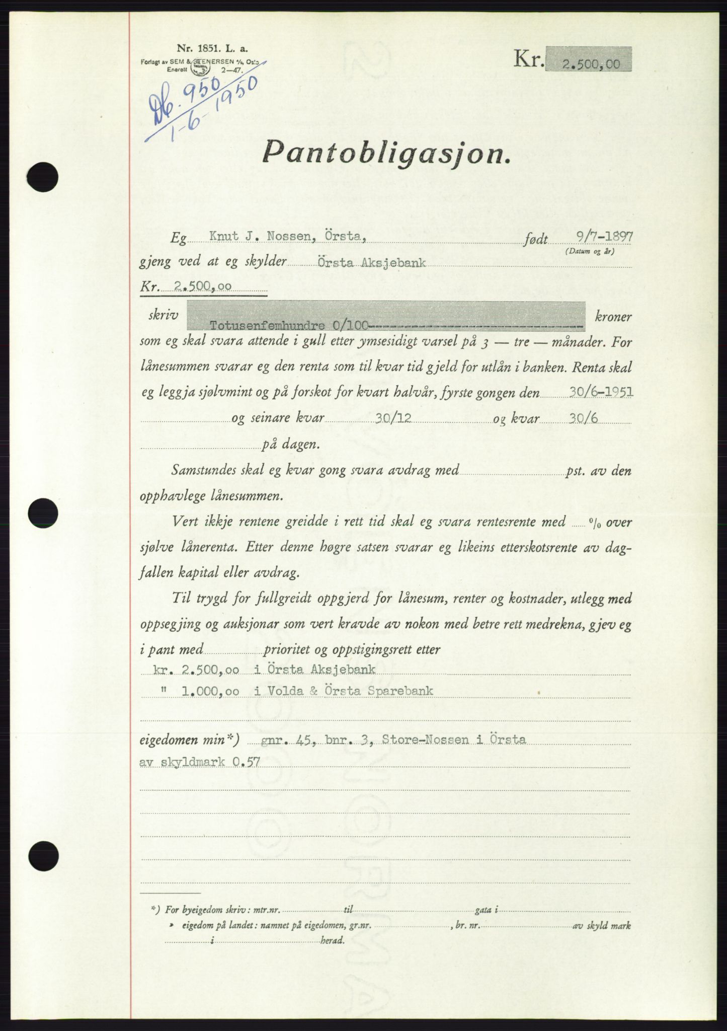 Søre Sunnmøre sorenskriveri, AV/SAT-A-4122/1/2/2C/L0120: Pantebok nr. 8B, 1951-1951, Dagboknr: 950/1951