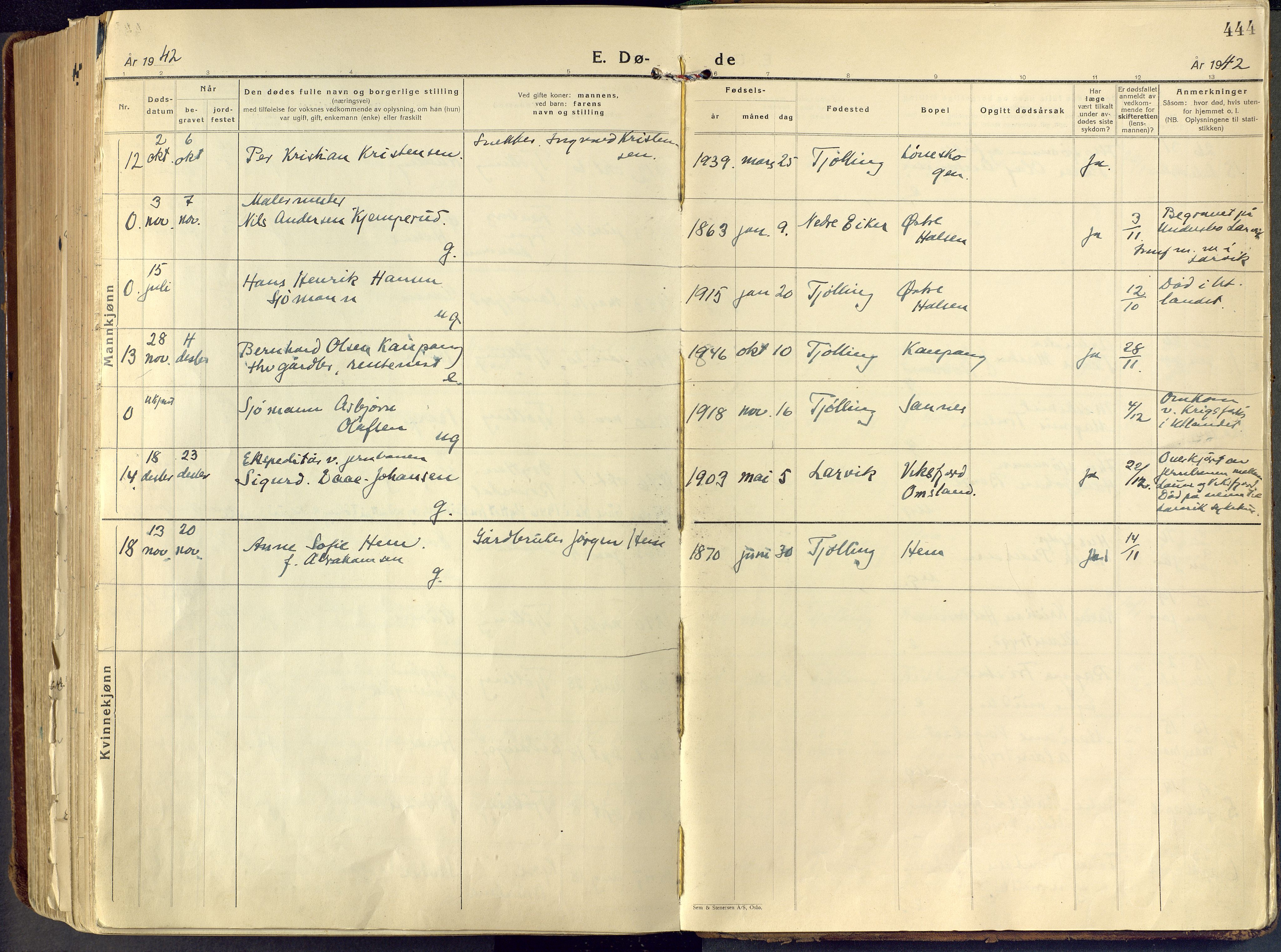 Tjølling kirkebøker, AV/SAKO-A-60/F/Fa/L0011: Ministerialbok nr. 11, 1924-1943, s. 444