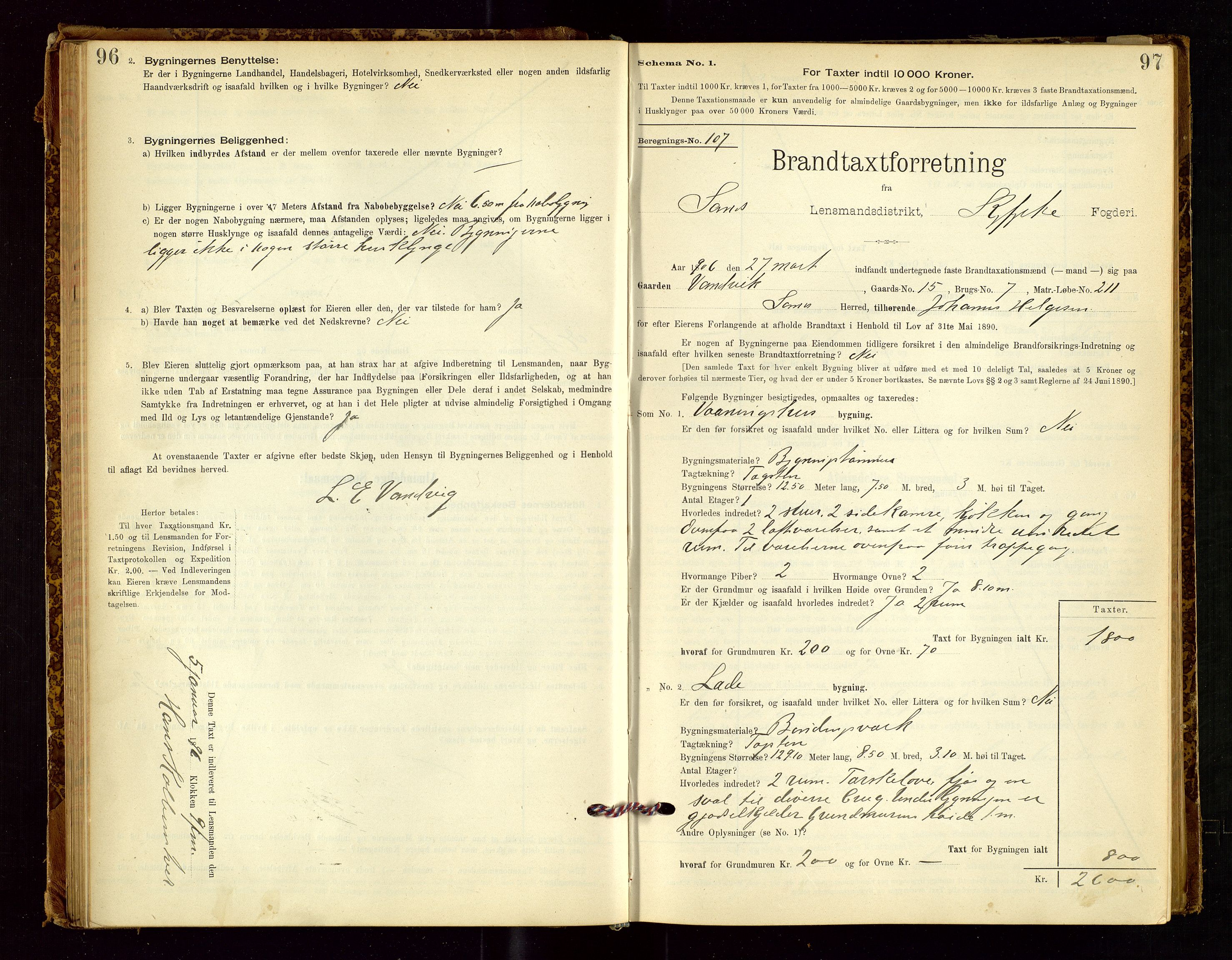 Sand lensmannskontor, AV/SAST-A-100415/Goc/L0001: "Brandtaxationsprotokol", 1895-1935, s. 96-97