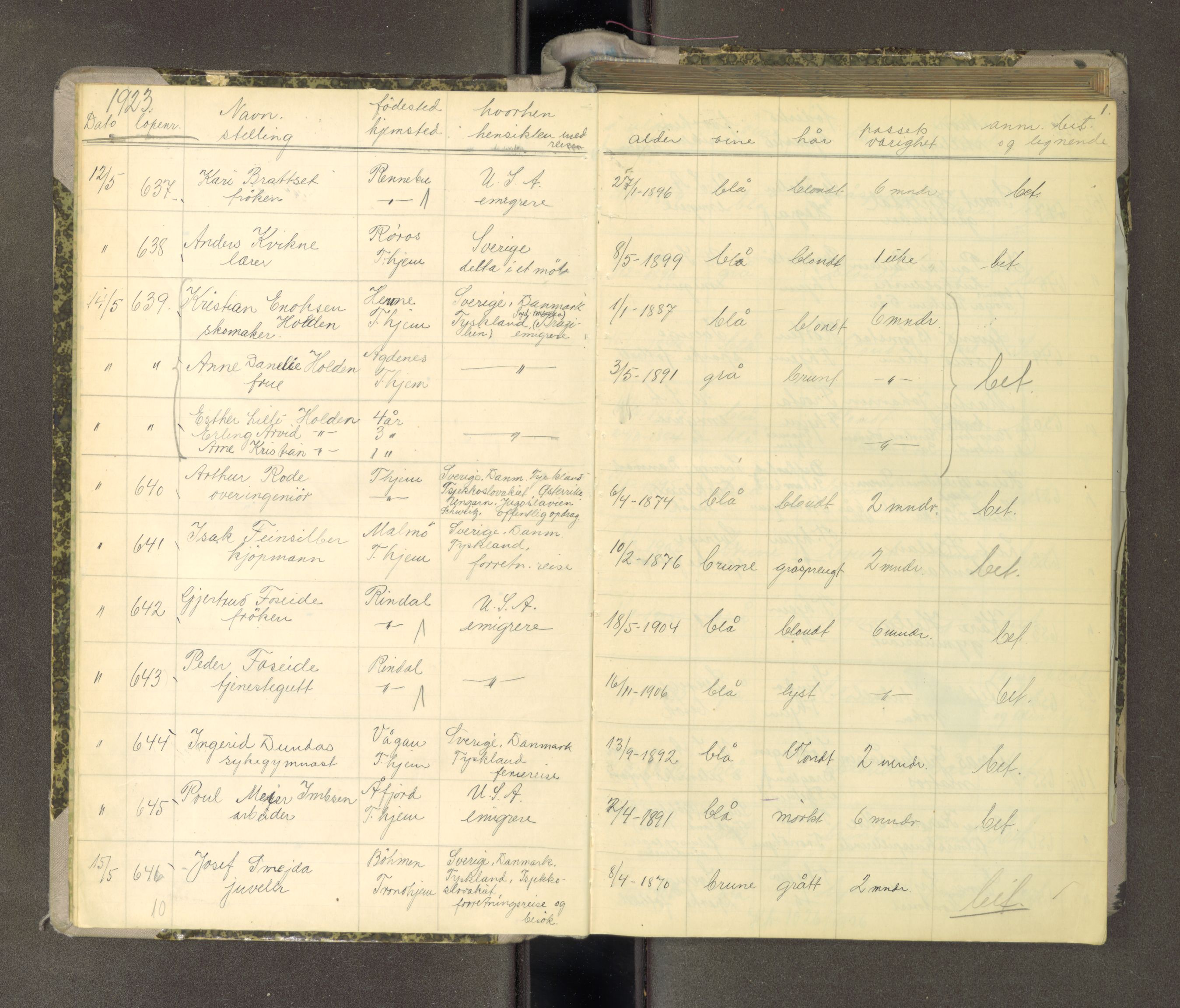 Trondheim politikammer, AV/SAT-A-1887/1/30/L0022: Passprotokoll. Utstedte pass 12.05-22.08, 1923-1924