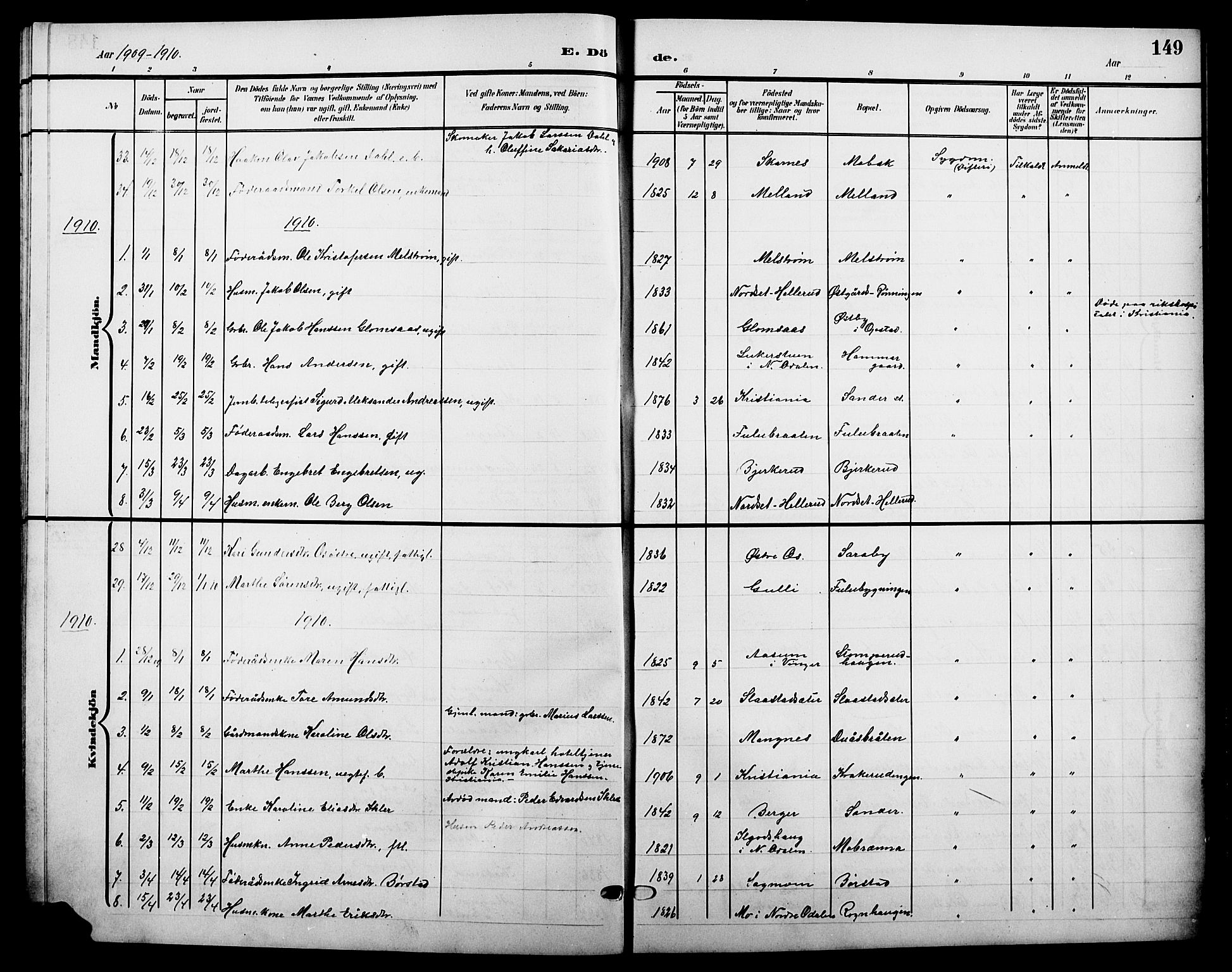 Sør-Odal prestekontor, AV/SAH-PREST-030/H/Ha/Hab/L0005: Klokkerbok nr. 5, 1903-1915, s. 149