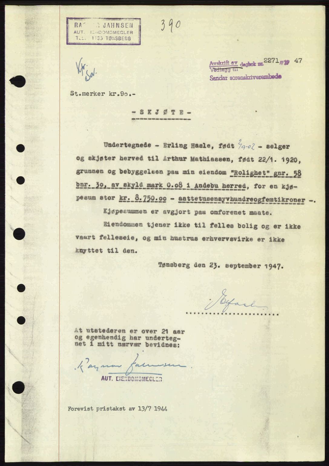 Jarlsberg sorenskriveri, SAKO/A-131/G/Ga/Gaa/L0023: Pantebok nr. A-23, 1947-1947, Dagboknr: 2271/1947