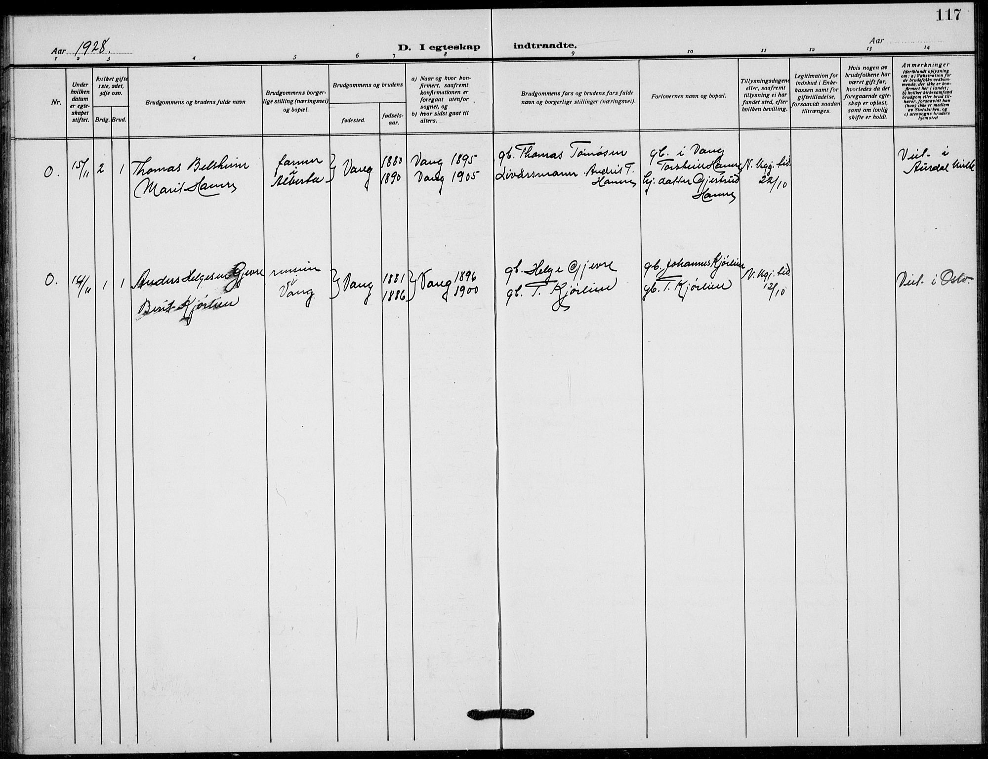 Vang prestekontor, Valdres, AV/SAH-PREST-140/H/Hb/L0012: Klokkerbok nr. 12, 1919-1937, s. 117