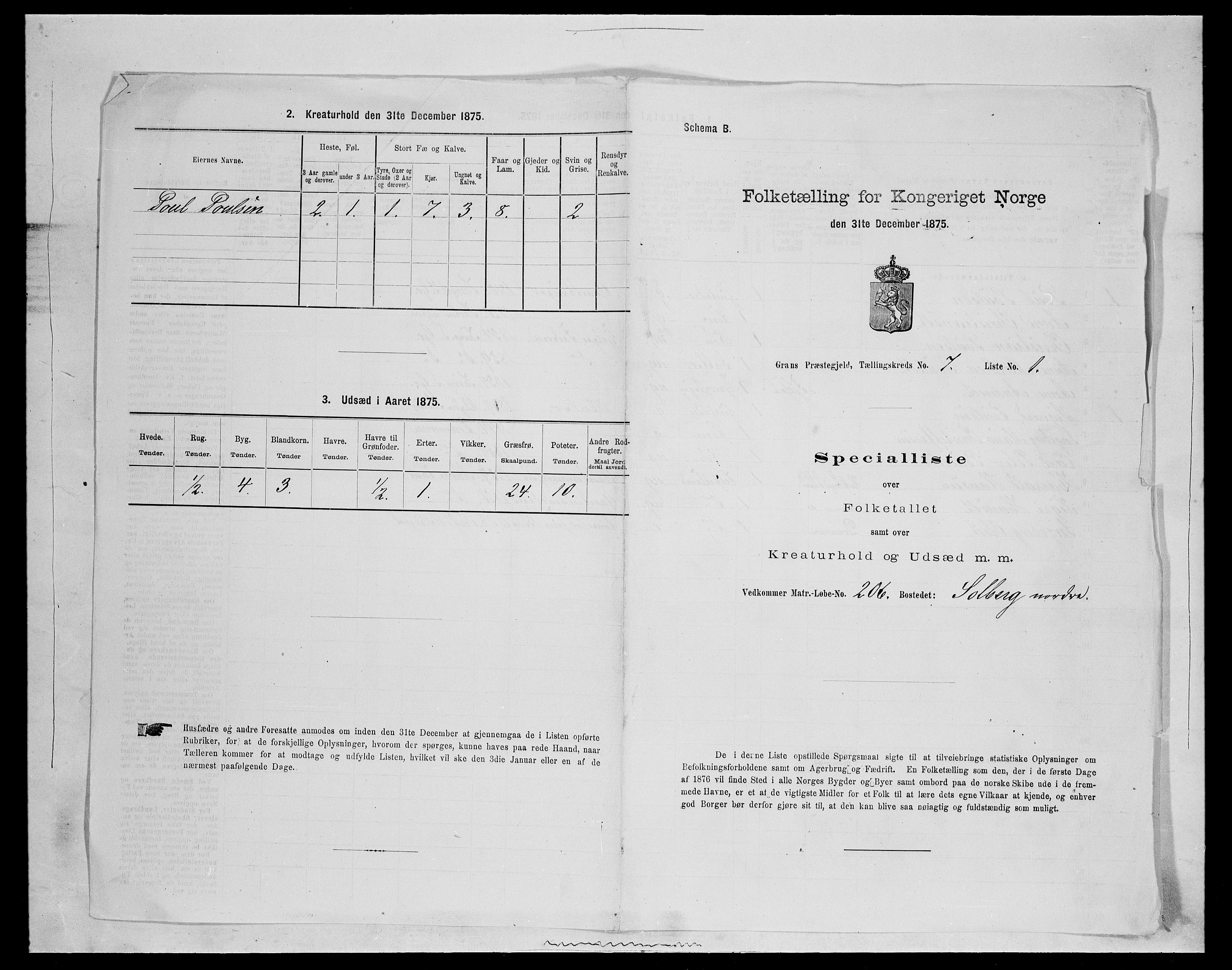 SAH, Folketelling 1875 for 0534P Gran prestegjeld, 1875, s. 1165