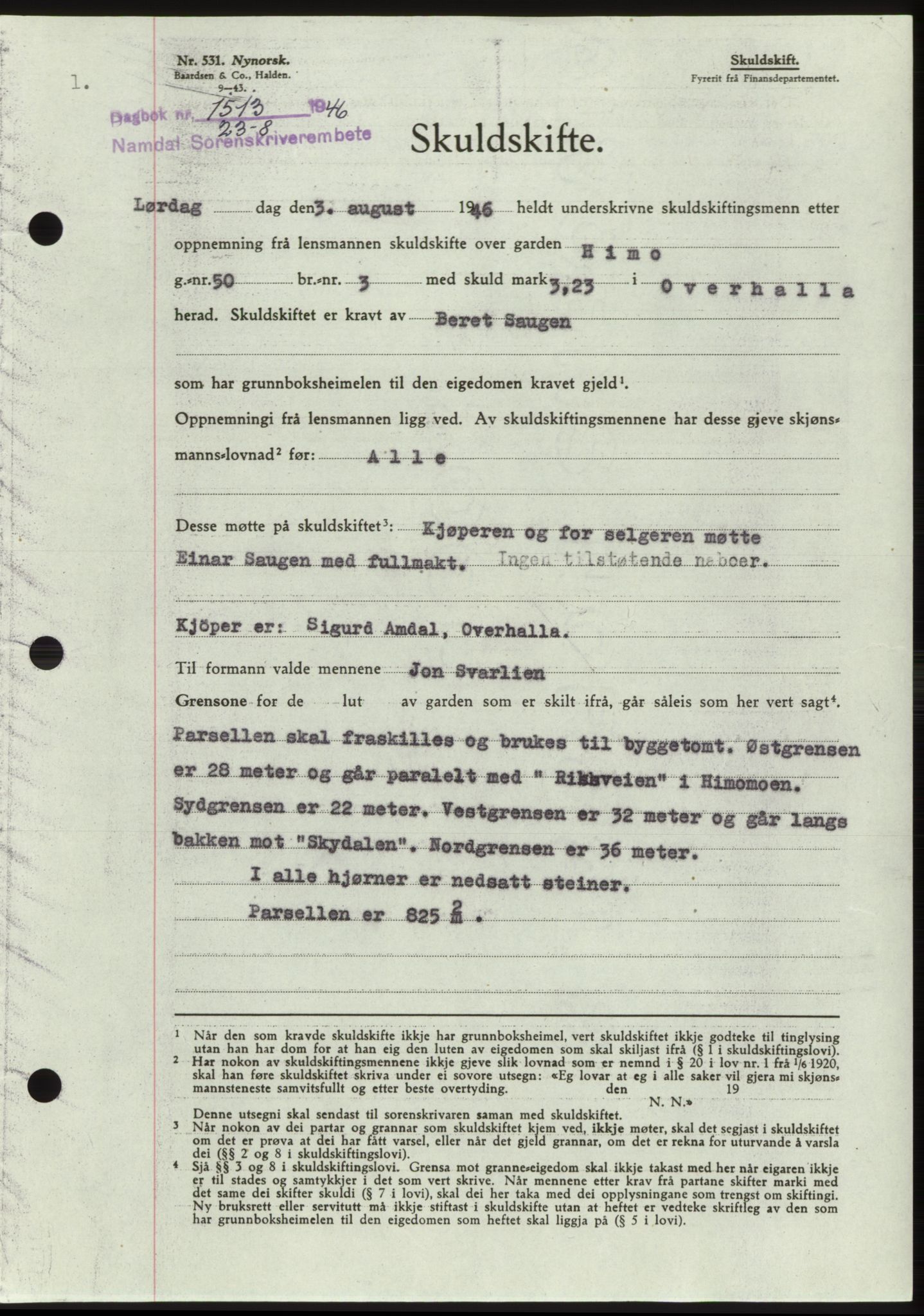 Namdal sorenskriveri, SAT/A-4133/1/2/2C: Pantebok nr. -, 1946-1946, Dagboknr: 1513/1946