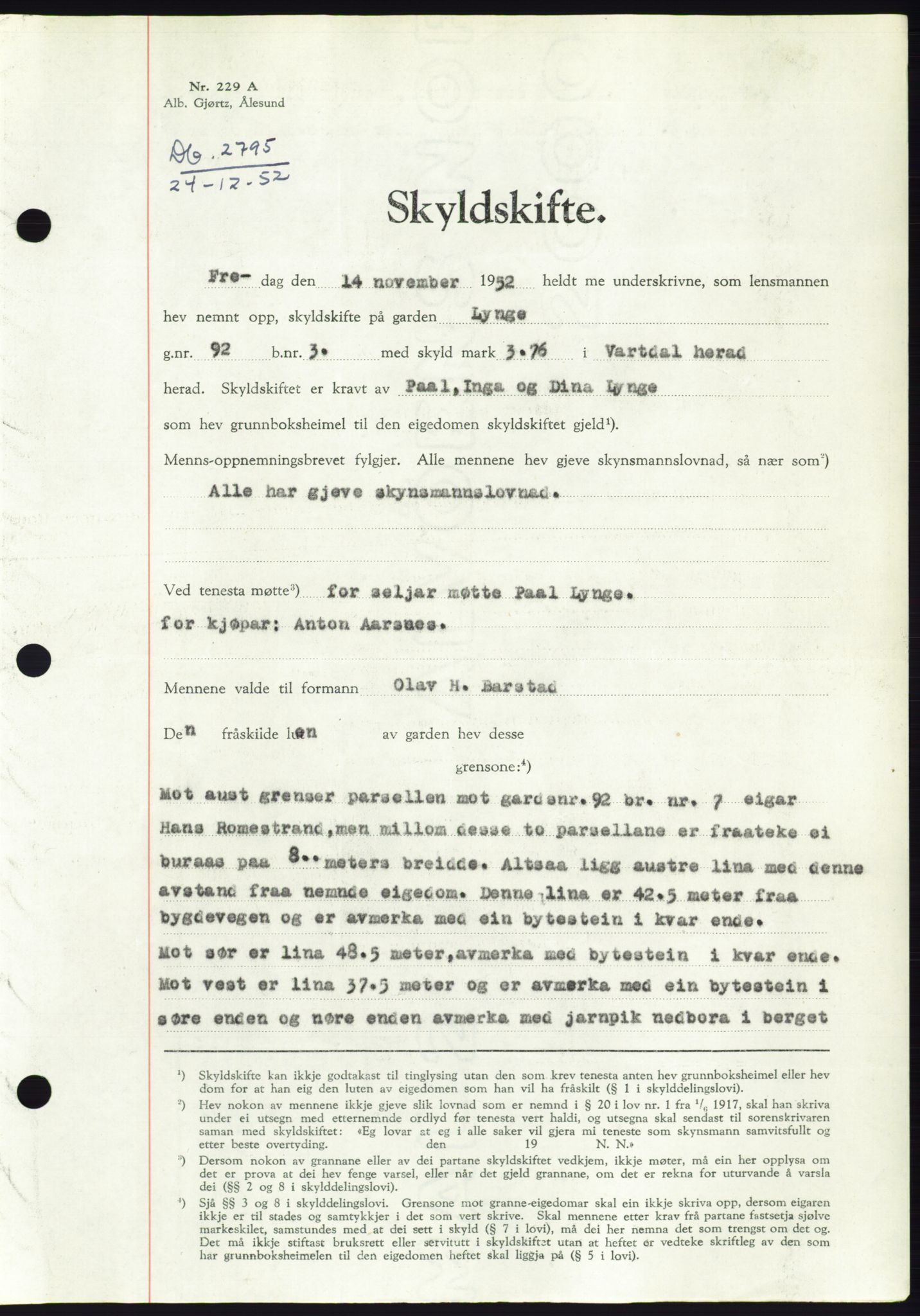 Søre Sunnmøre sorenskriveri, SAT/A-4122/1/2/2C/L0093: Pantebok nr. 19A, 1952-1953, Dagboknr: 2795/1952