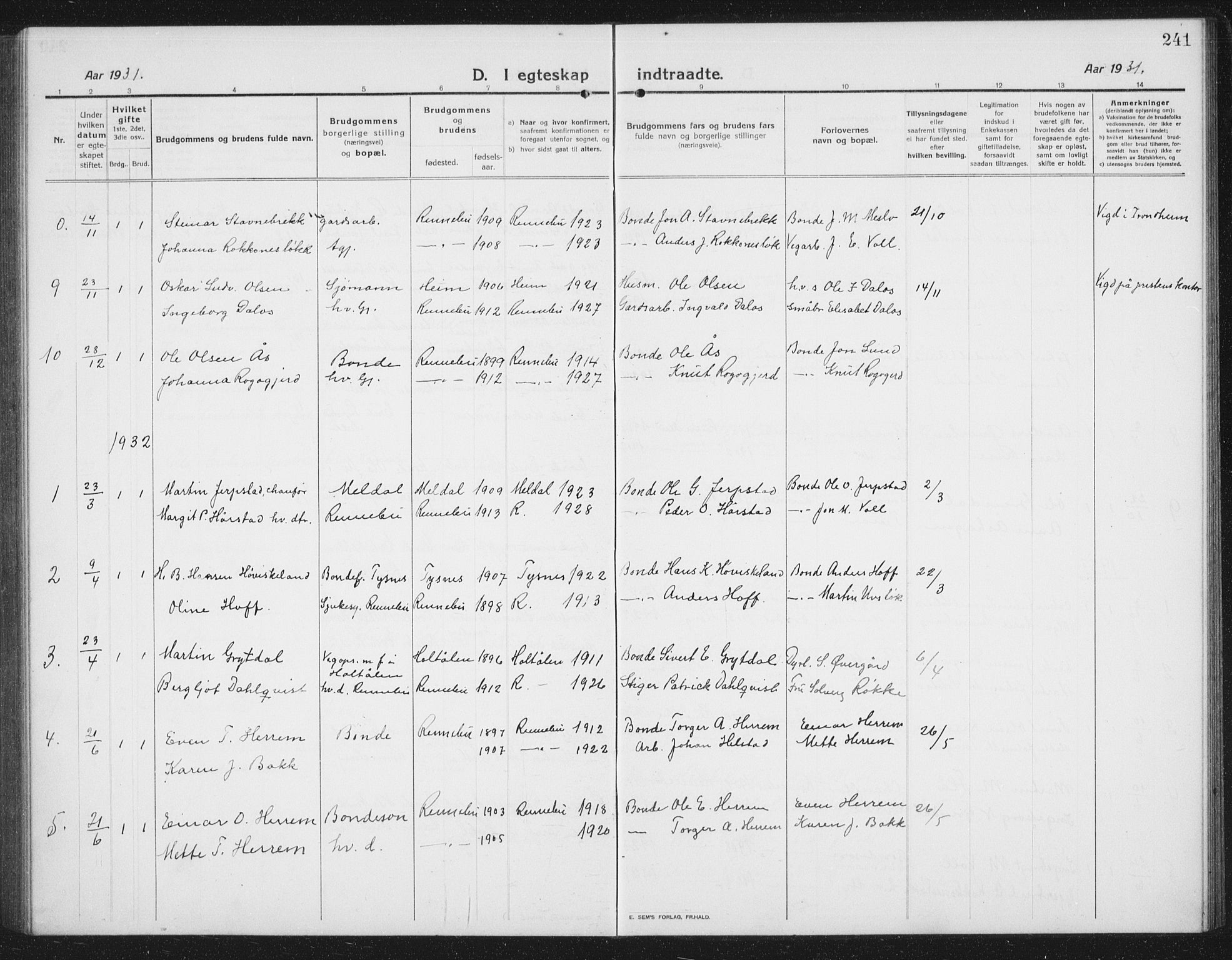 Ministerialprotokoller, klokkerbøker og fødselsregistre - Sør-Trøndelag, SAT/A-1456/674/L0877: Klokkerbok nr. 674C04, 1913-1940, s. 241