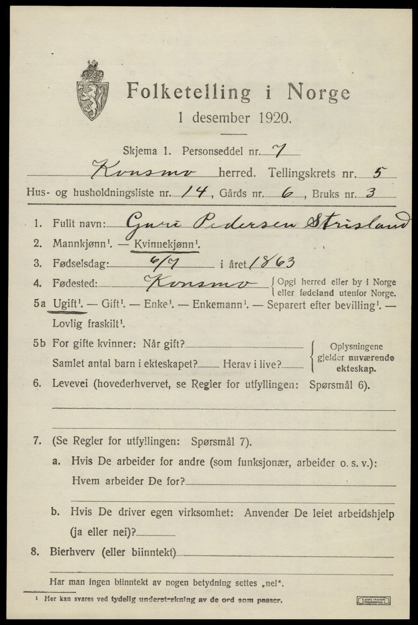 SAK, Folketelling 1920 for 1027 Konsmo herred, 1920, s. 1386