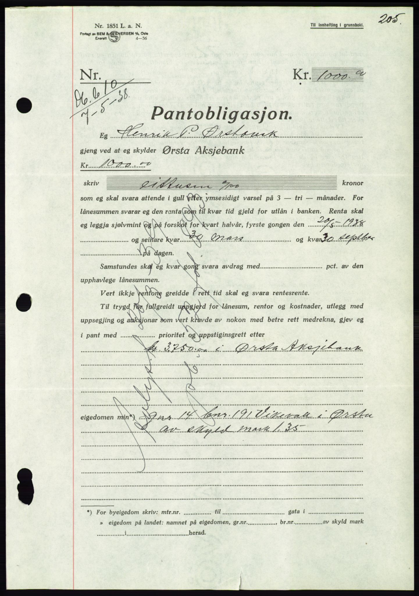 Søre Sunnmøre sorenskriveri, AV/SAT-A-4122/1/2/2C/L0065: Pantebok nr. 59, 1938-1938, Dagboknr: 610/1938