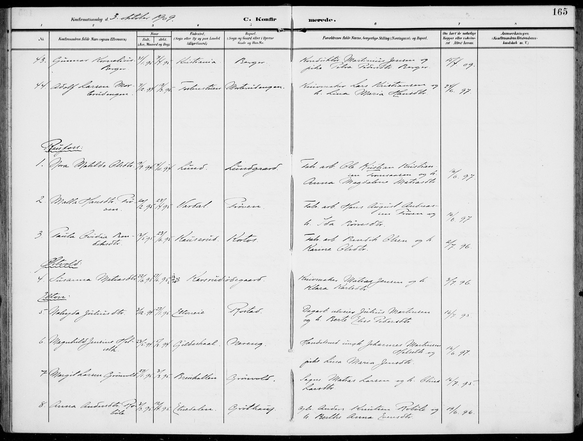 Vestre Toten prestekontor, AV/SAH-PREST-108/H/Ha/Haa/L0014: Ministerialbok nr. 14, 1907-1920, s. 165