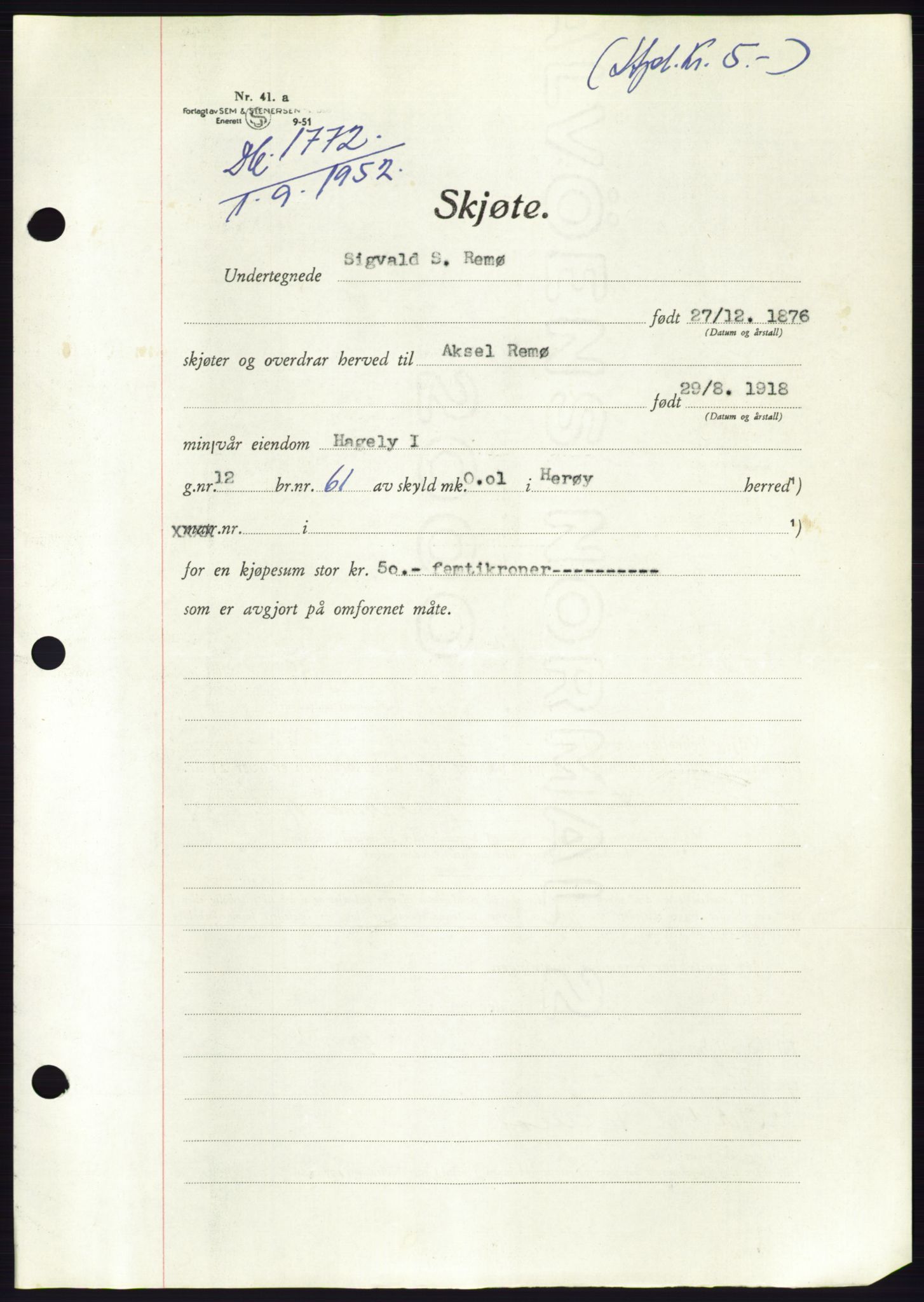 Søre Sunnmøre sorenskriveri, AV/SAT-A-4122/1/2/2C/L0092: Pantebok nr. 18A, 1952-1952, Dagboknr: 1772/1952