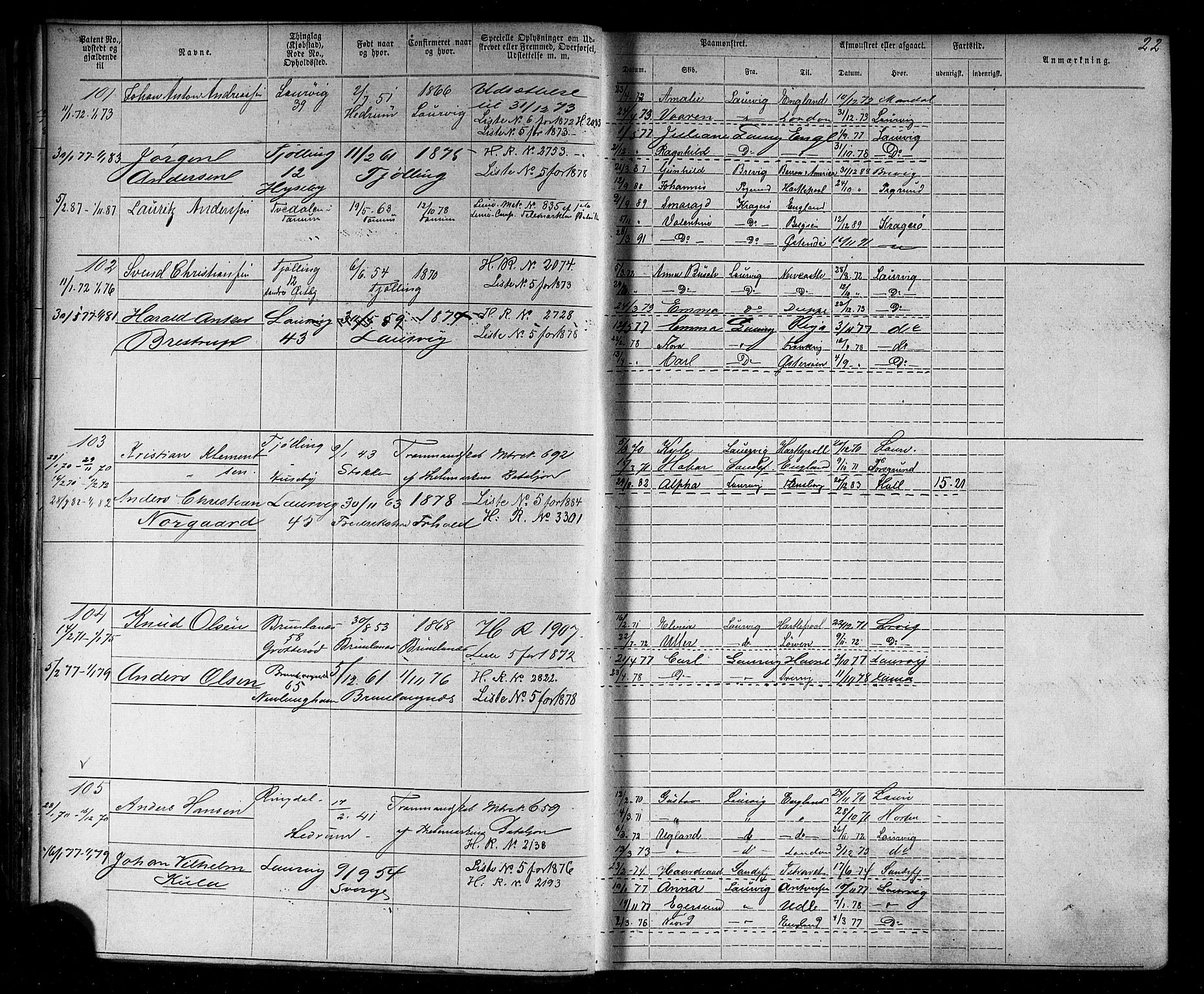 Larvik innrulleringskontor, AV/SAKO-A-787/F/Fb/L0004: Annotasjonsrulle, 1870-1882, s. 23