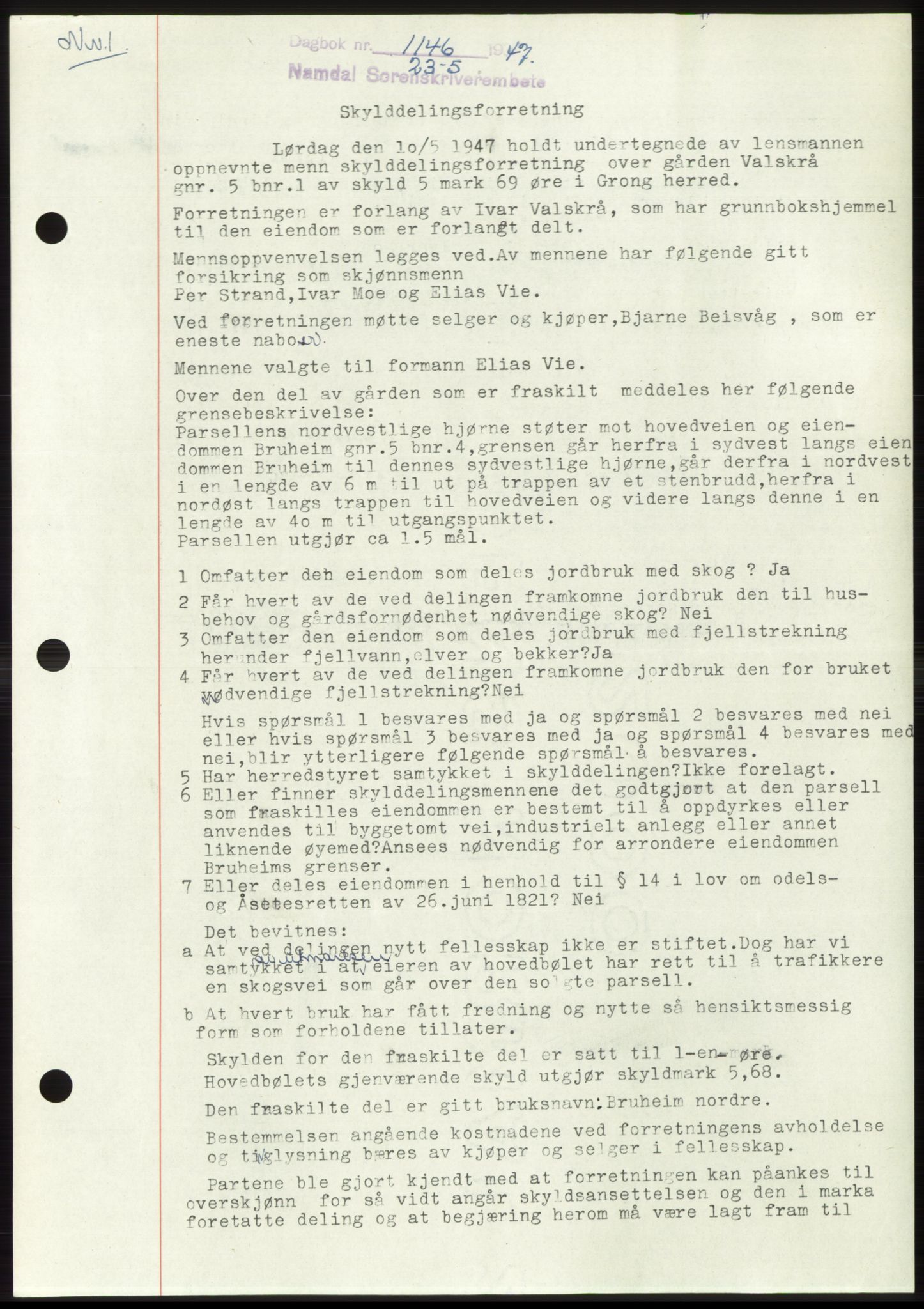 Namdal sorenskriveri, SAT/A-4133/1/2/2C: Pantebok nr. -, 1947-1947, Dagboknr: 1146/1947