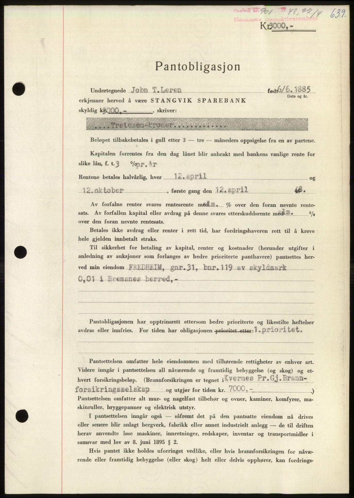 Nordmøre sorenskriveri, SAT/A-4132/1/2/2Ca: Pantebok nr. B98, 1948-1948, Dagboknr: 901/1948