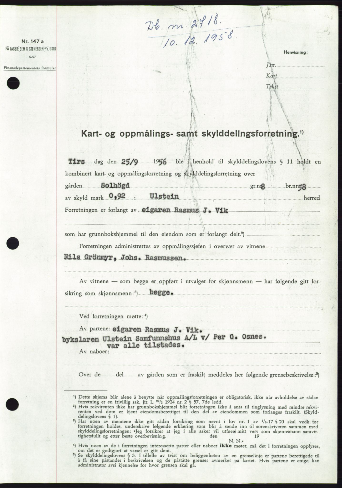 Søre Sunnmøre sorenskriveri, SAT/A-4122/1/2/2C/L0111: Pantebok nr. 37A, 1958-1959, Dagboknr: 2718/1958