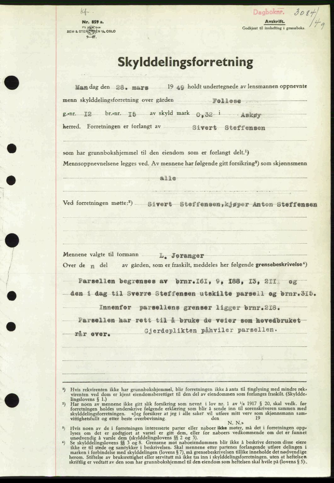 Midhordland sorenskriveri, SAB/A-3001/1/G/Gb/Gbh/L0032: Pantebok nr. A62-63, 1949-1949, Dagboknr: 3084/1949