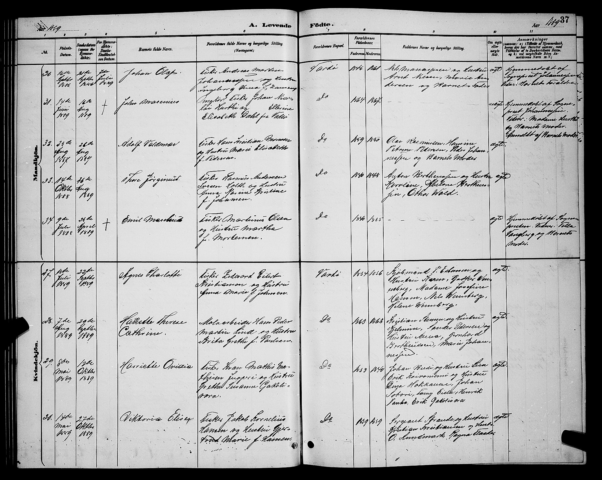 Vardø sokneprestkontor, AV/SATØ-S-1332/H/Hb/L0005klokker: Klokkerbok nr. 5, 1887-1892, s. 37