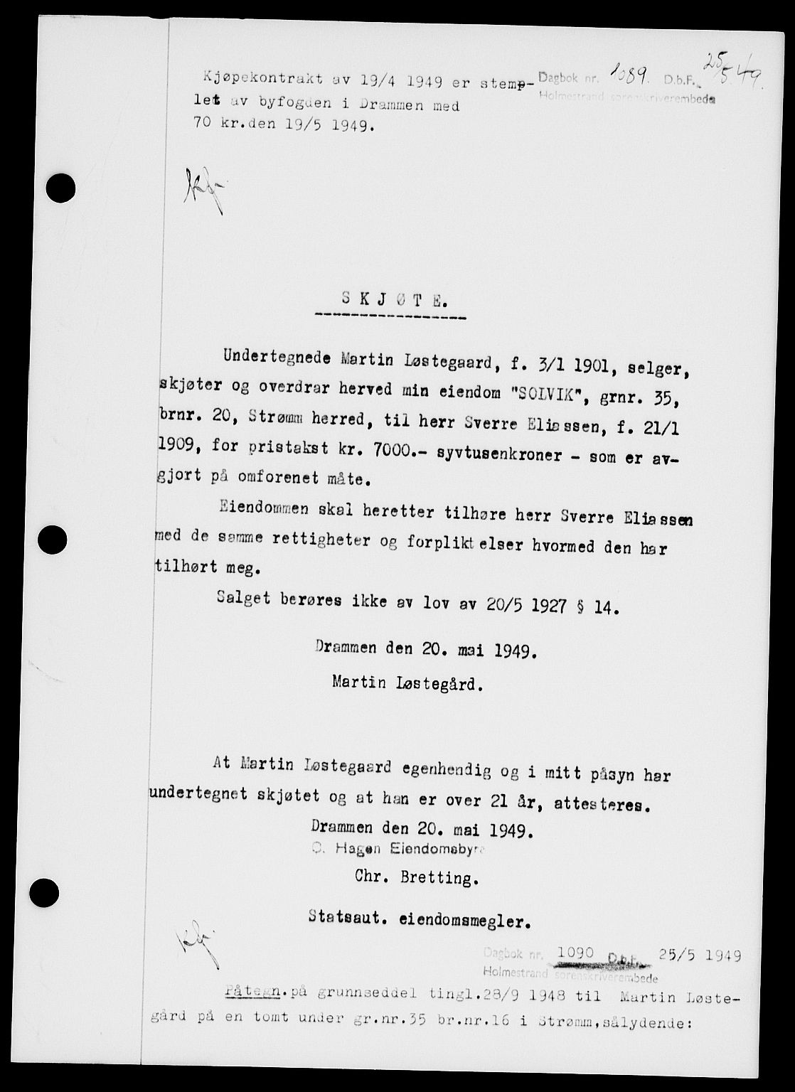 Holmestrand sorenskriveri, SAKO/A-67/G/Ga/Gaa/L0066: Pantebok nr. A-66, 1949-1949, Dagboknr: 1089/1949