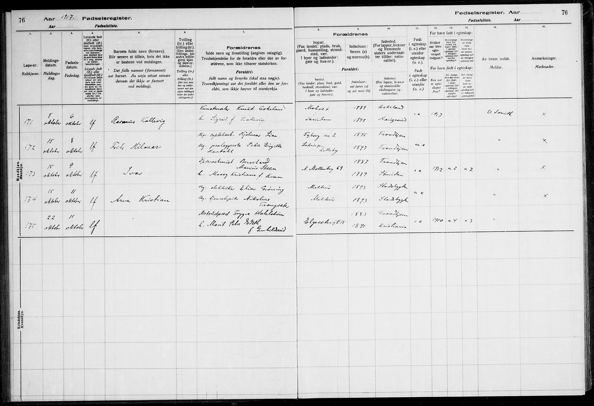 Ministerialprotokoller, klokkerbøker og fødselsregistre - Sør-Trøndelag, AV/SAT-A-1456/600/L0002: Fødselsregister nr. 600.II.4.1, 1916-1920, s. 76