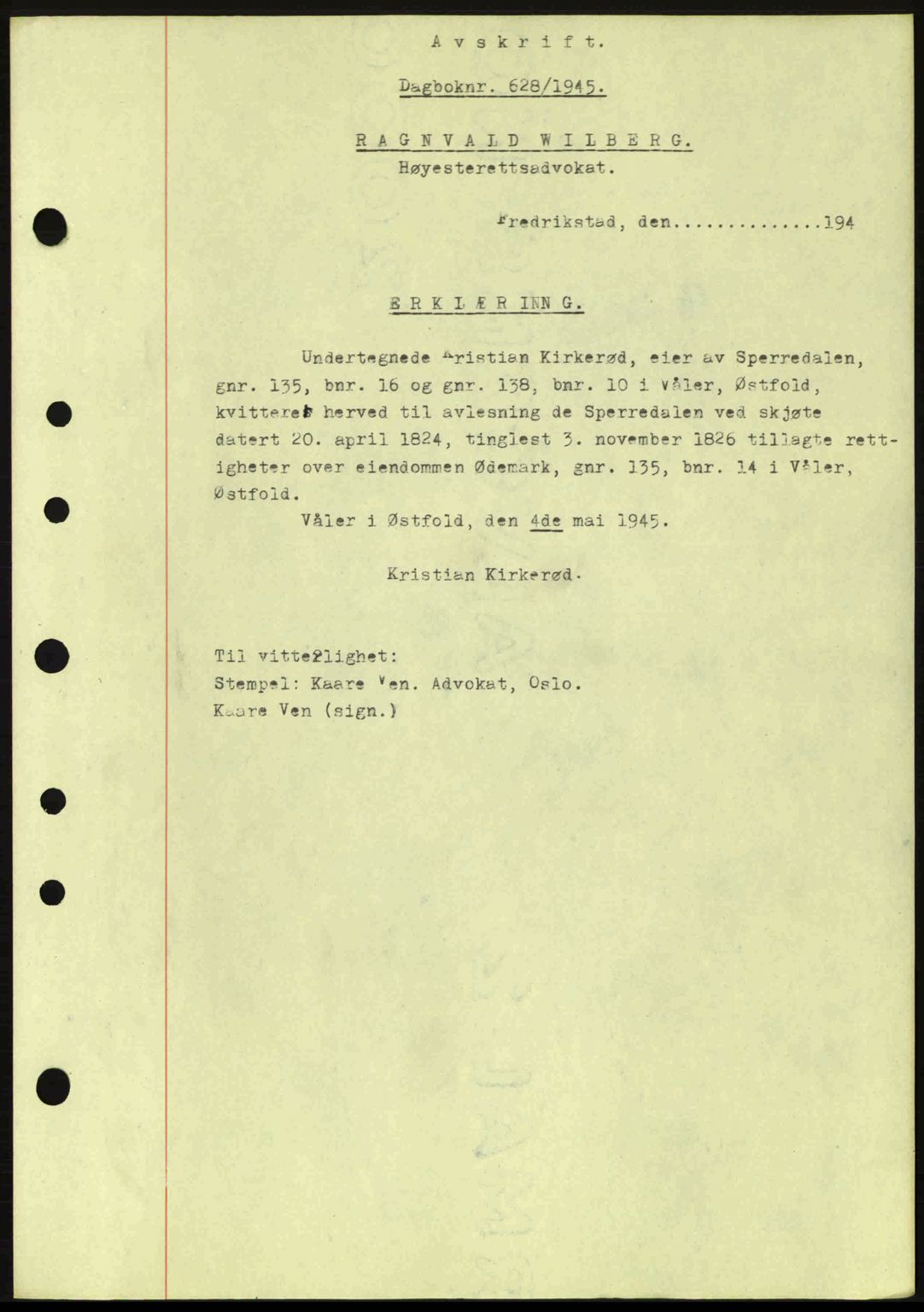 Moss sorenskriveri, SAO/A-10168: Pantebok nr. B13, 1943-1945, Dagboknr: 628/1945