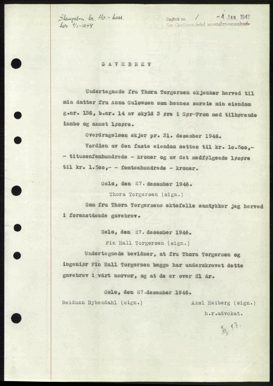Sør-Gudbrandsdal tingrett, SAH/TING-004/H/Hb/Hbd/L0017: Pantebok nr. A17, 1946-1947, Dagboknr: 1/1947