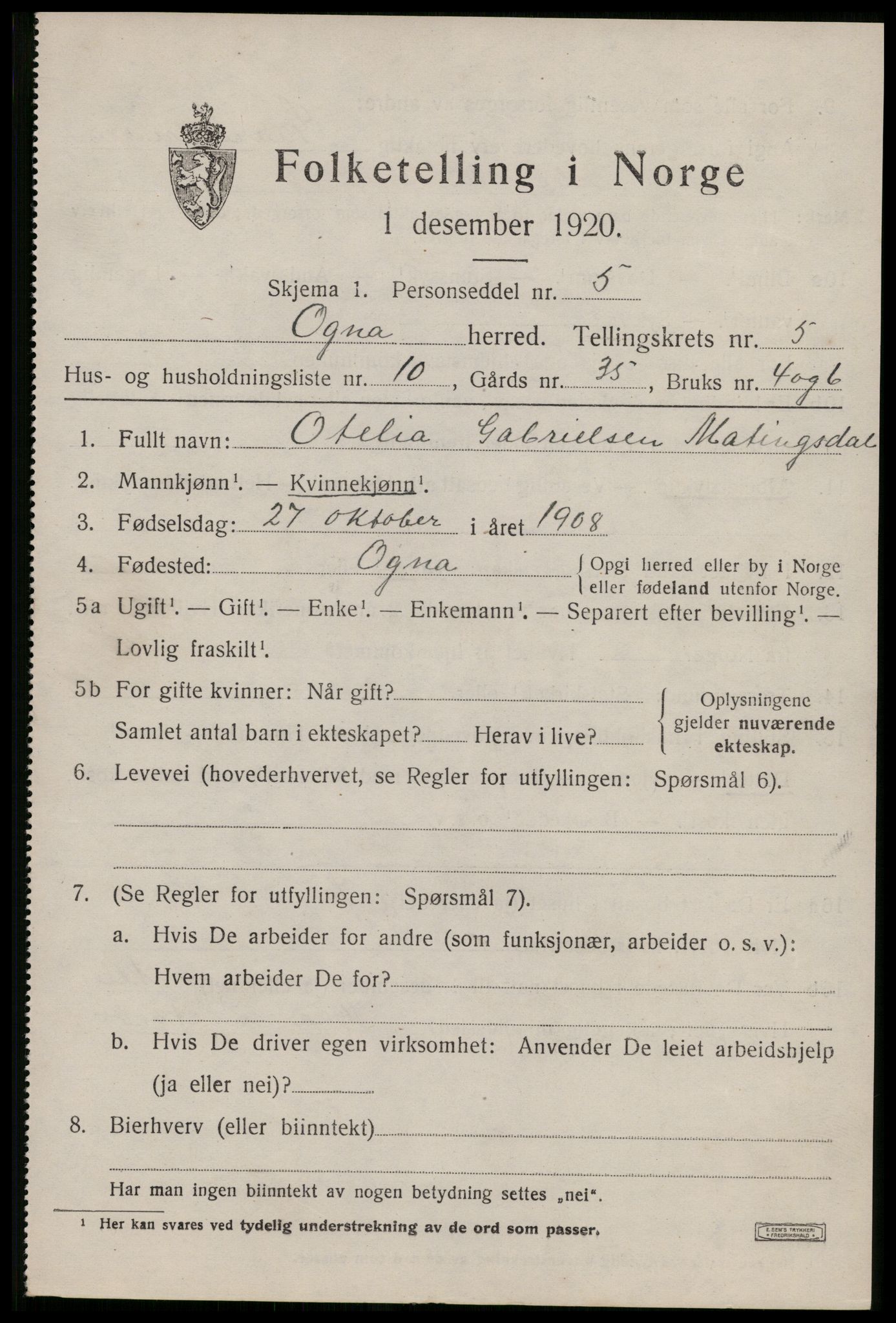 SAST, Folketelling 1920 for 1117 Ogna herred, 1920, s. 3151
