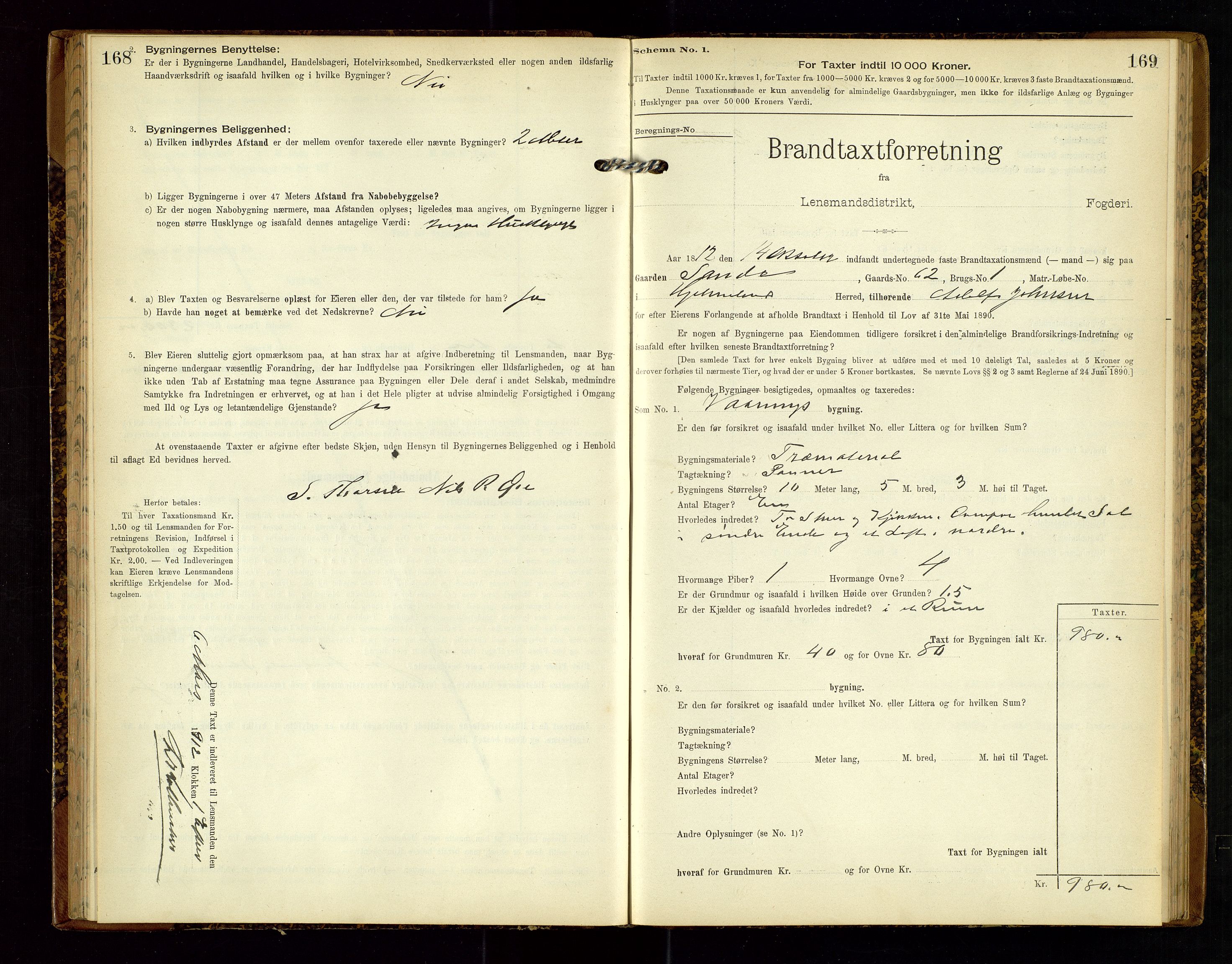 Hjelmeland lensmannskontor, AV/SAST-A-100439/Gob/L0002: "Brandtaxationsprotokol", 1904-1920, s. 168-169