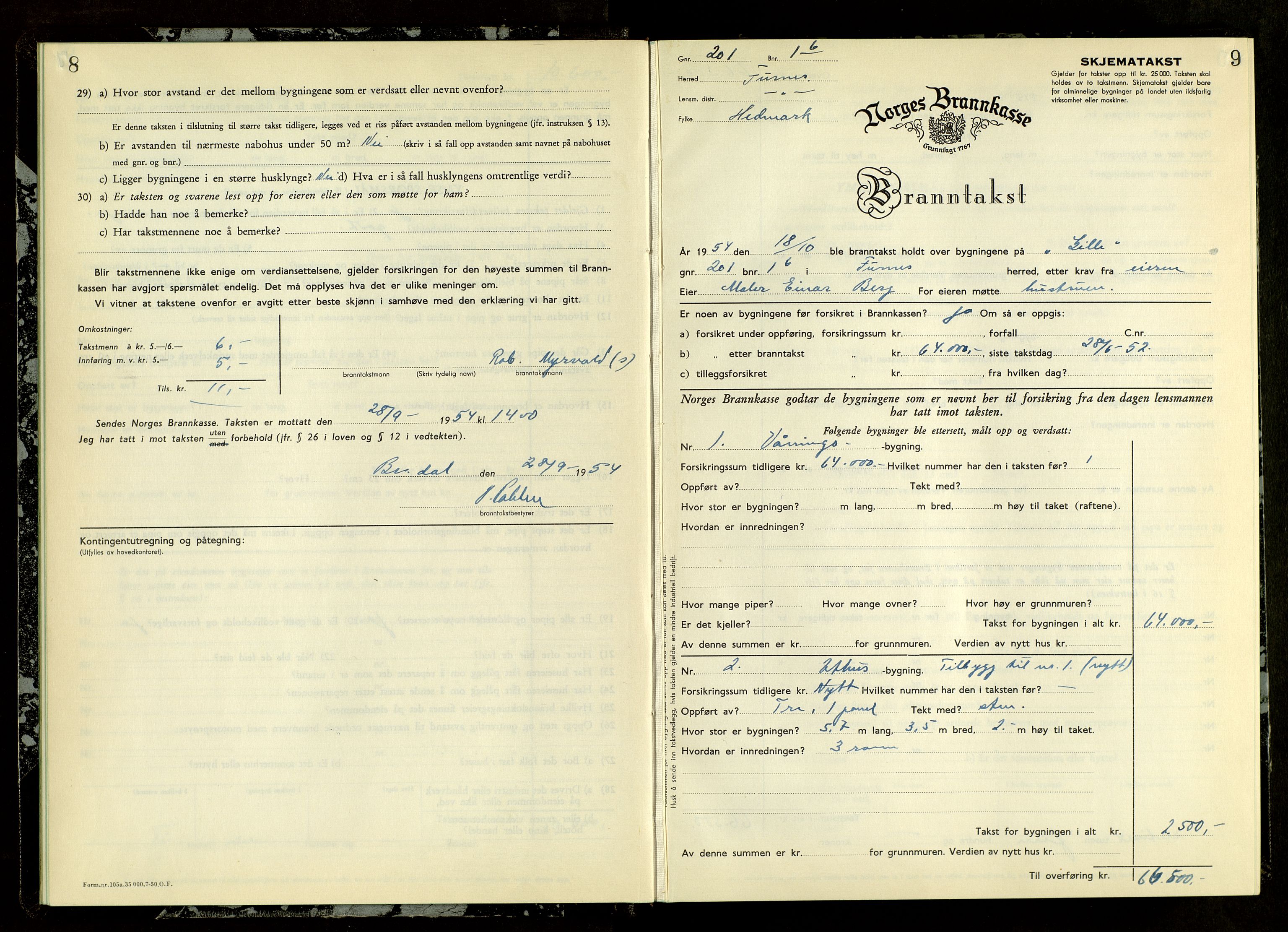 Norges Brannkasse, Furnes, AV/SAH-NBRANF-004/F/L0007: Branntakstprotokoll, 1954-1955, s. 8-9