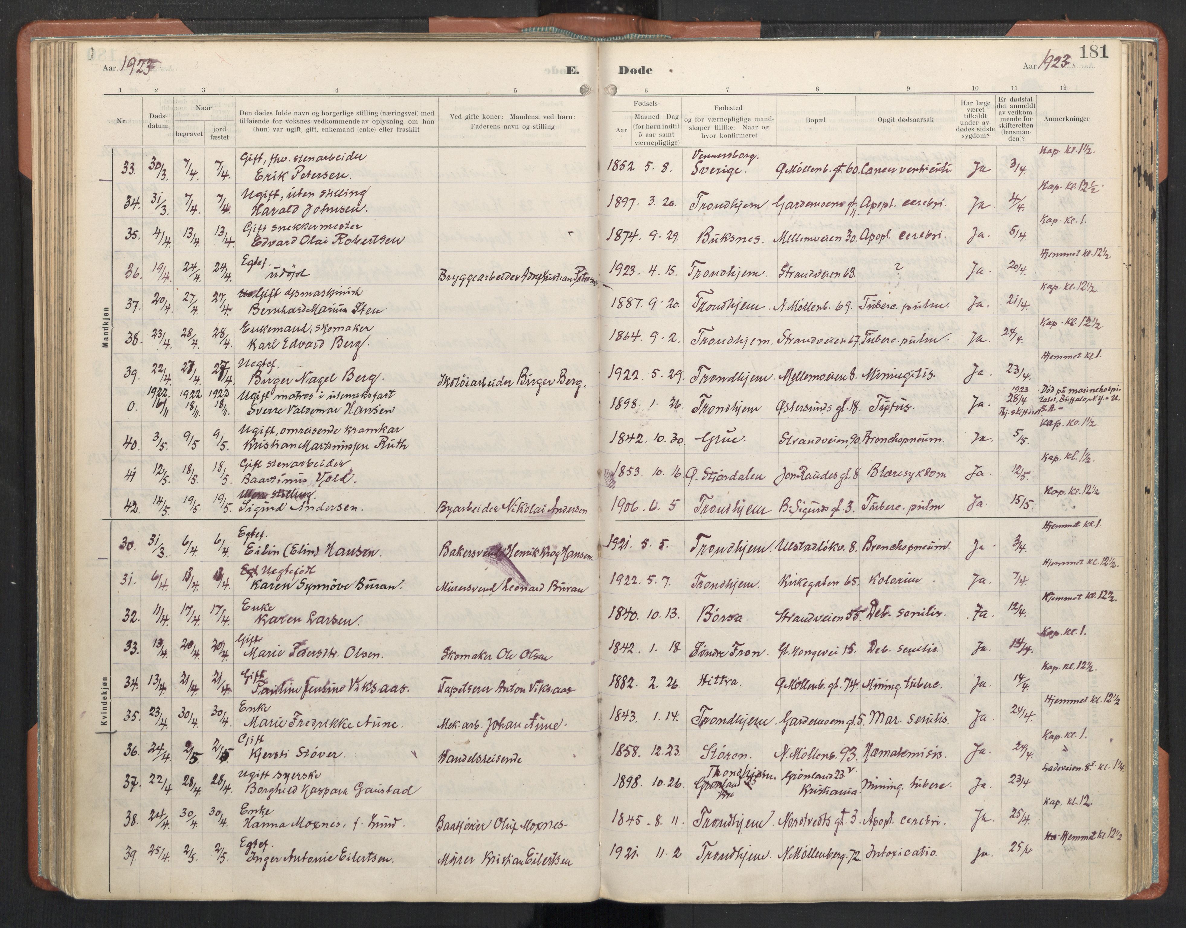 Ministerialprotokoller, klokkerbøker og fødselsregistre - Sør-Trøndelag, SAT/A-1456/605/L0245: Ministerialbok nr. 605A07, 1916-1938, s. 181