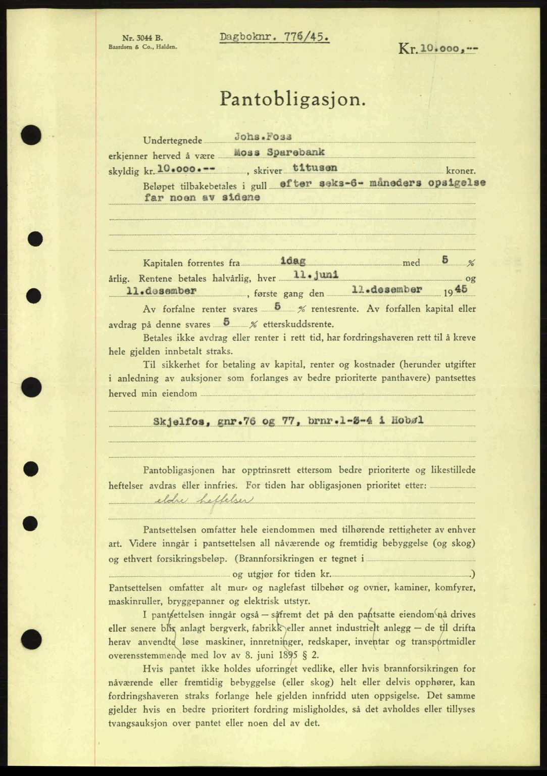 Moss sorenskriveri, SAO/A-10168: Pantebok nr. B13, 1943-1945, Dagboknr: 776/1945